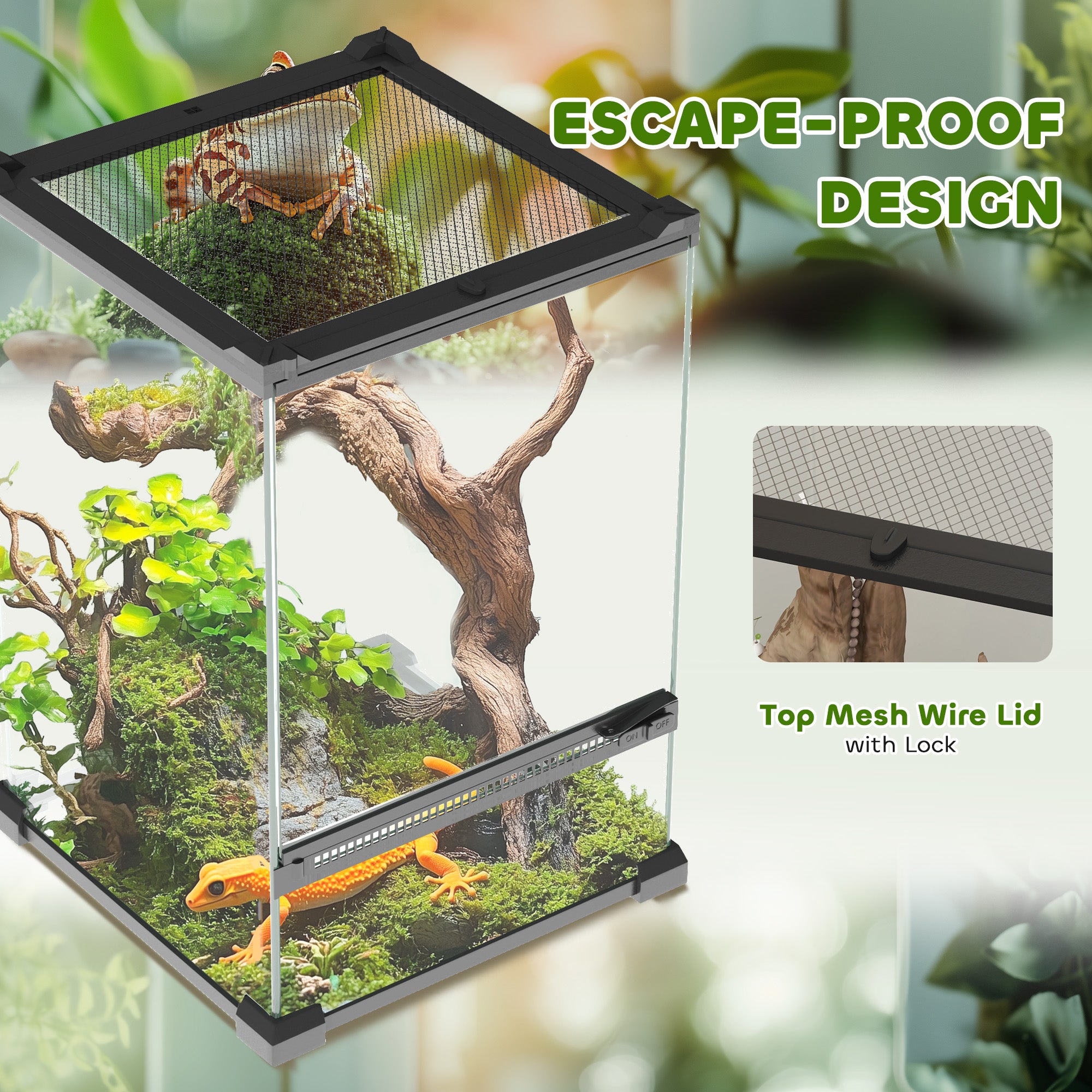 12L Vivarium for Lizards, Frogs, Snakes, Turtles, Tortoises w/ Anti-Escape Design, Ventilation