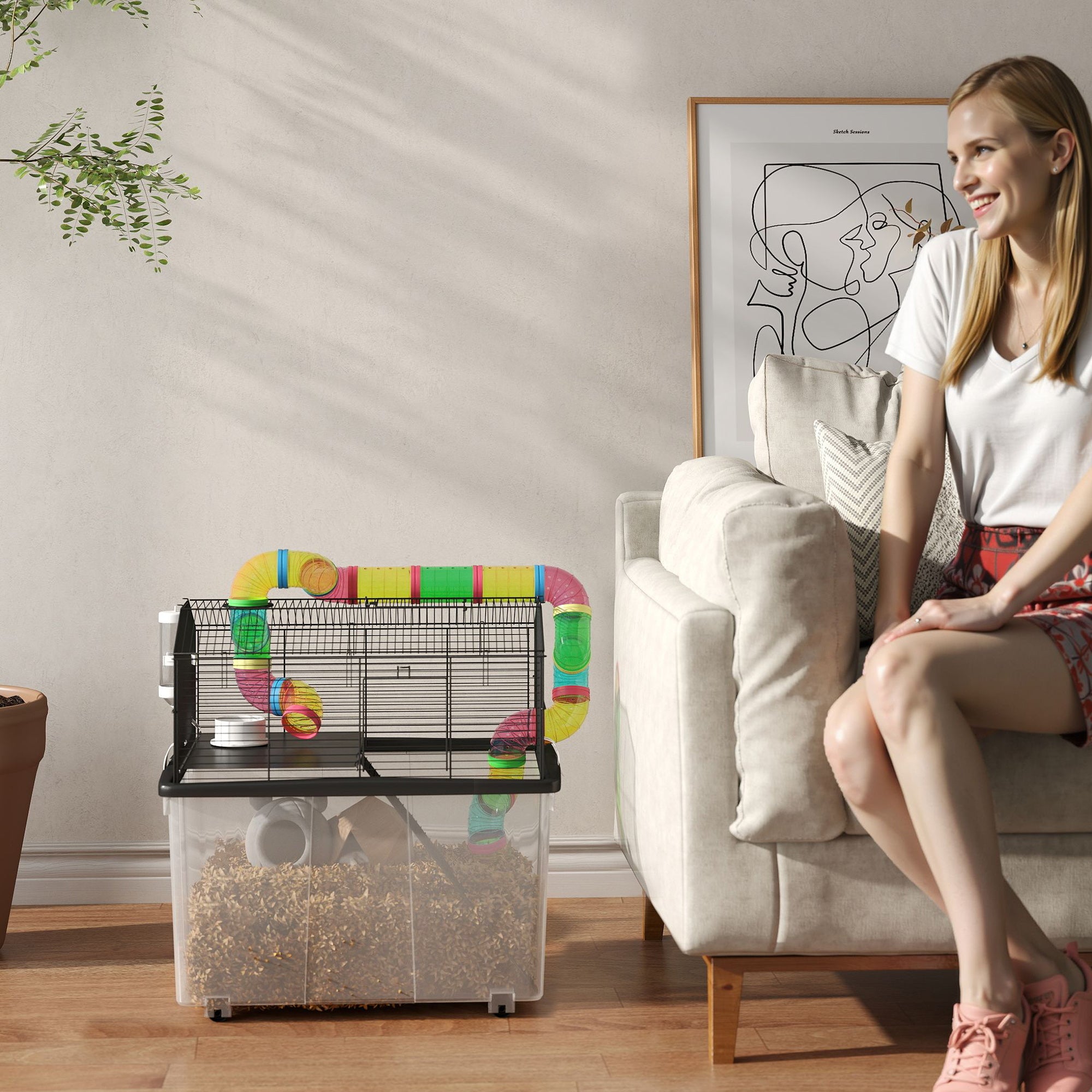 2 Tier Hamster Cage with 31cm Deep Tray, Tube System, Water Bottle, Ramp, Feeding Bowl, 58 x 43 x 57cm, Multicolour