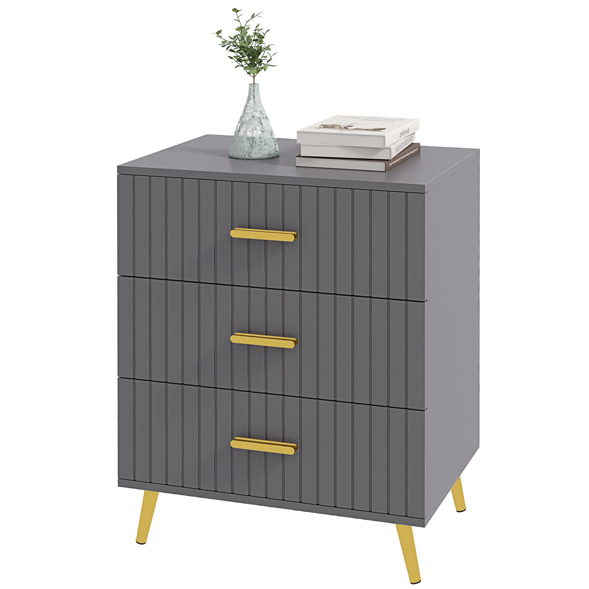 Three Drawer Embossed Line Dresser - Grey/Gold Tone