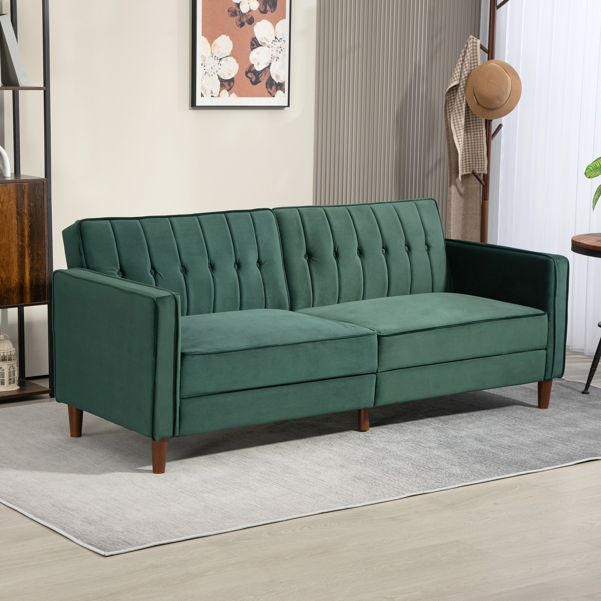 Velvet-Feel Three-Seater Sofa Bed - Green