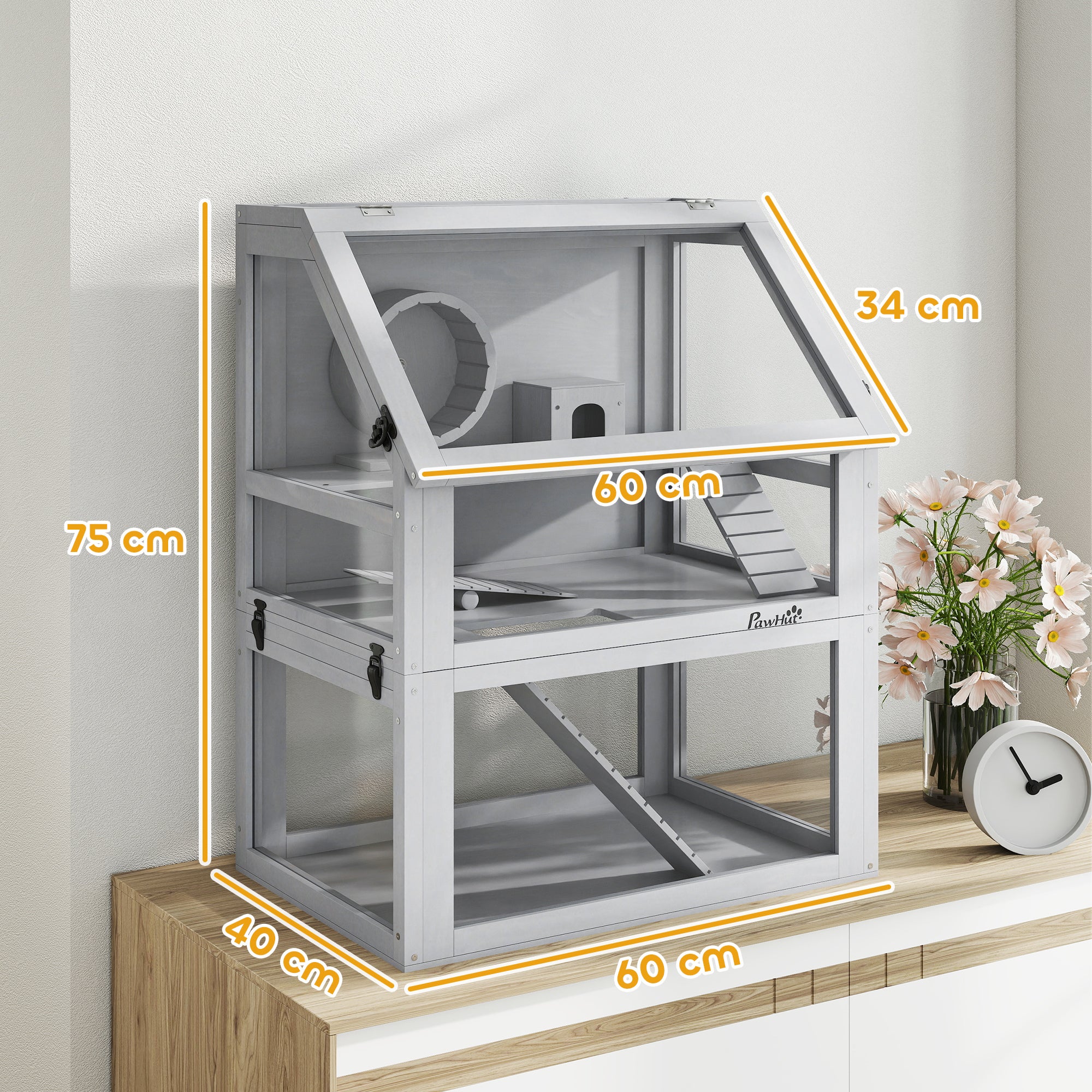 Wooden Hamster Cage with Detachable 32cm Deep Bottom, Hut, Seesaw, Exercise Wheel, Ramp, 60 x 40 x 75cm, Light Grey