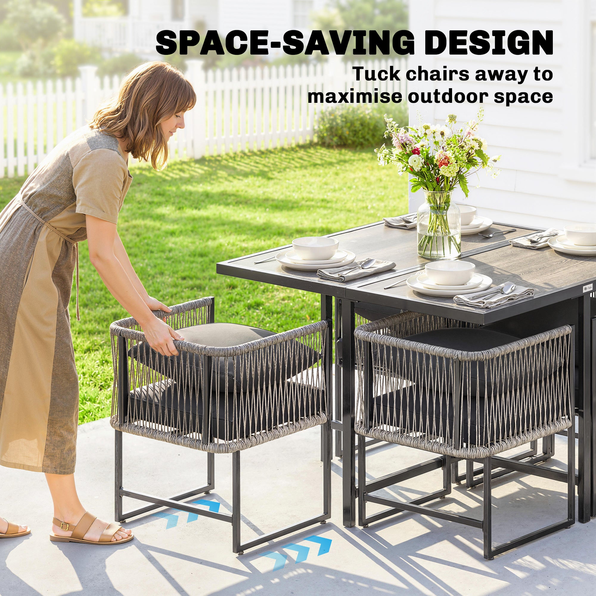 4-Seater Garden Dining Set, Rattan Outdoor Furniture with Space-Saving Chairs and Thick Cushions for Patio Balcony, Black