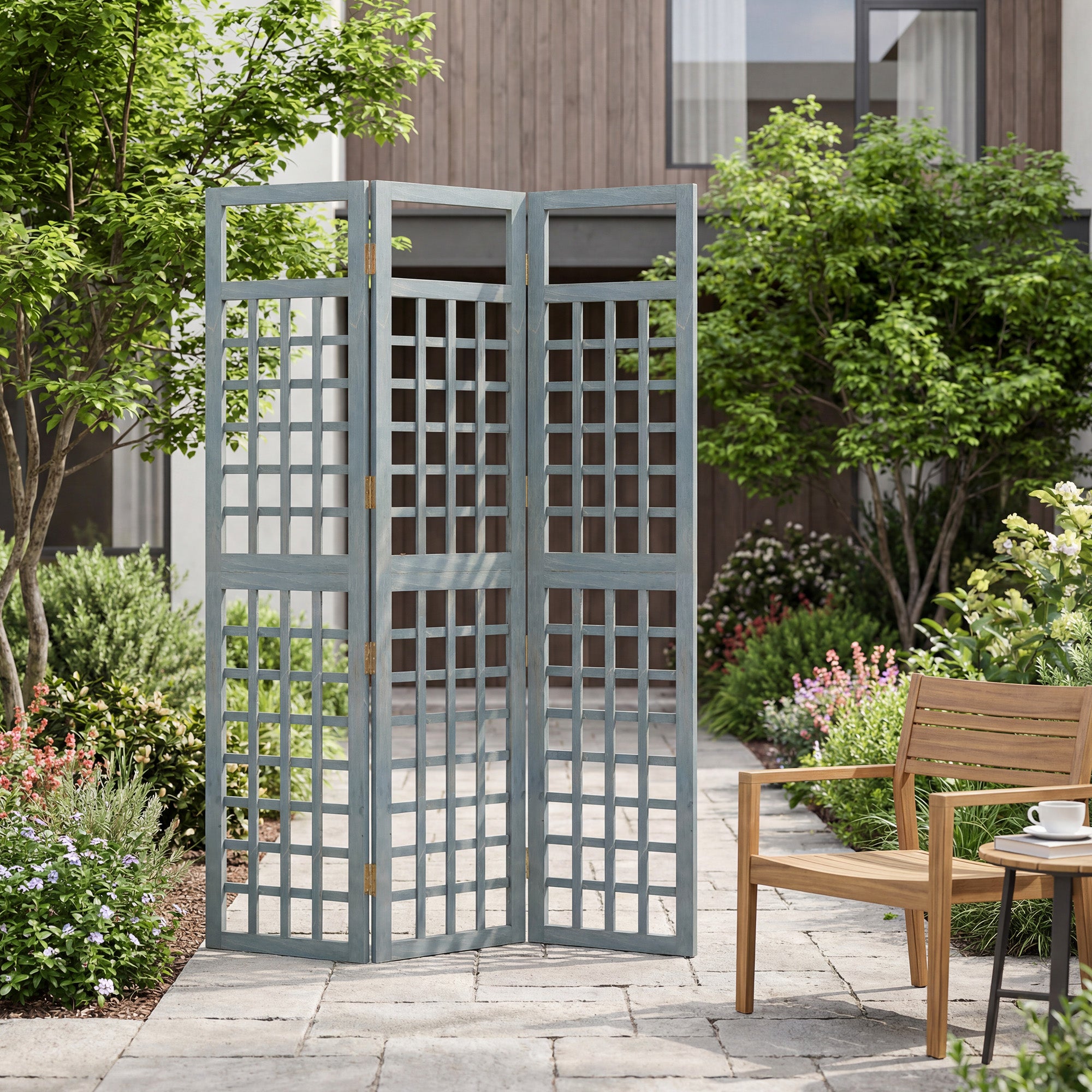 3-Panel Garden Privacy Screen, Freestanding Foldable Wooden Outdoor Divider/Trellis, Decorative Privacy Screen, Grey