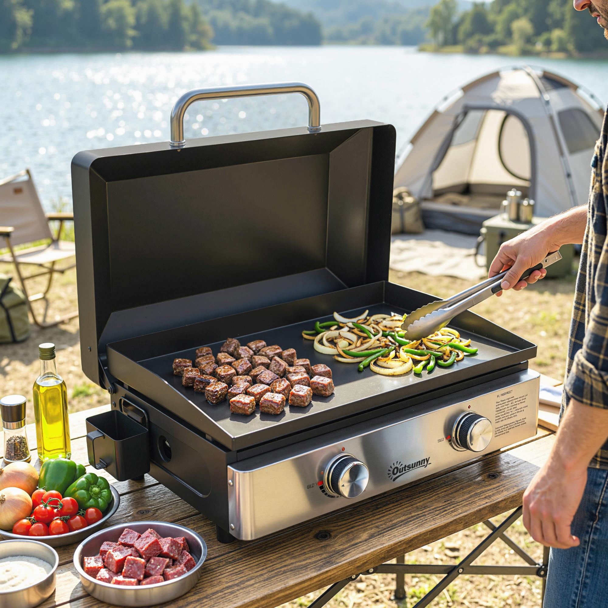 2 Burner Grill Griddle, Portable Gas Plancha, 6 kW, Tabletop Gas BBQ with Grease Cup for Camping Picnic Patios, Black