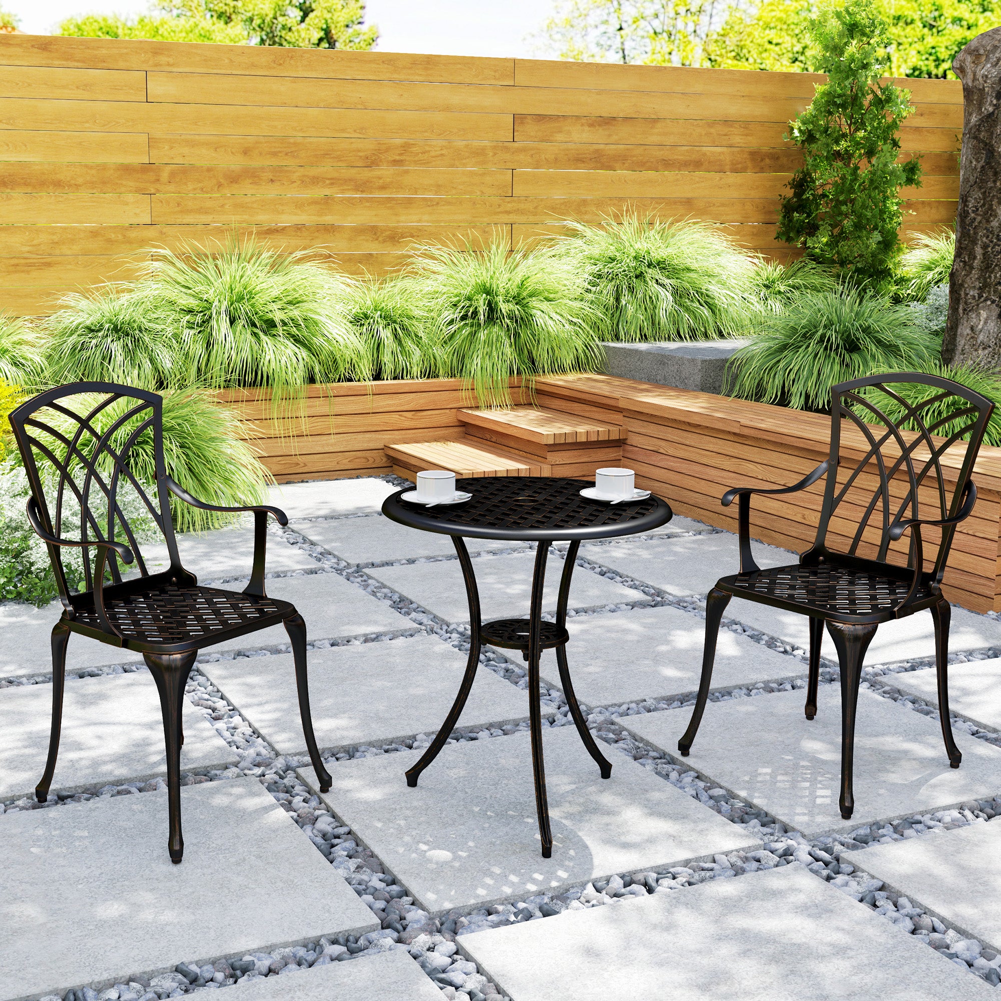 3-Piece Cast Aluminium Garden Dining Set for 2 with Parasol Hole - Bronze Tone