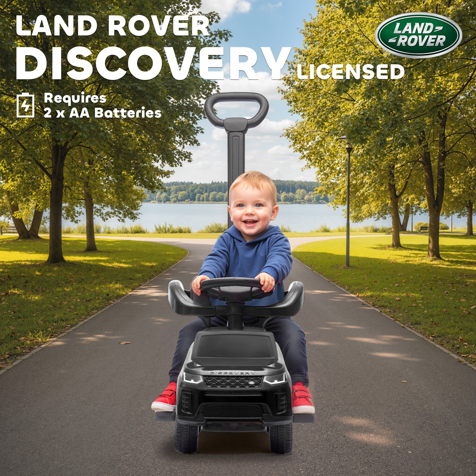 Land Rover Discovery Licensed Baby Push Car, 2-in-1 Ride on Car with Push Handle and Safety Guardrail, Black