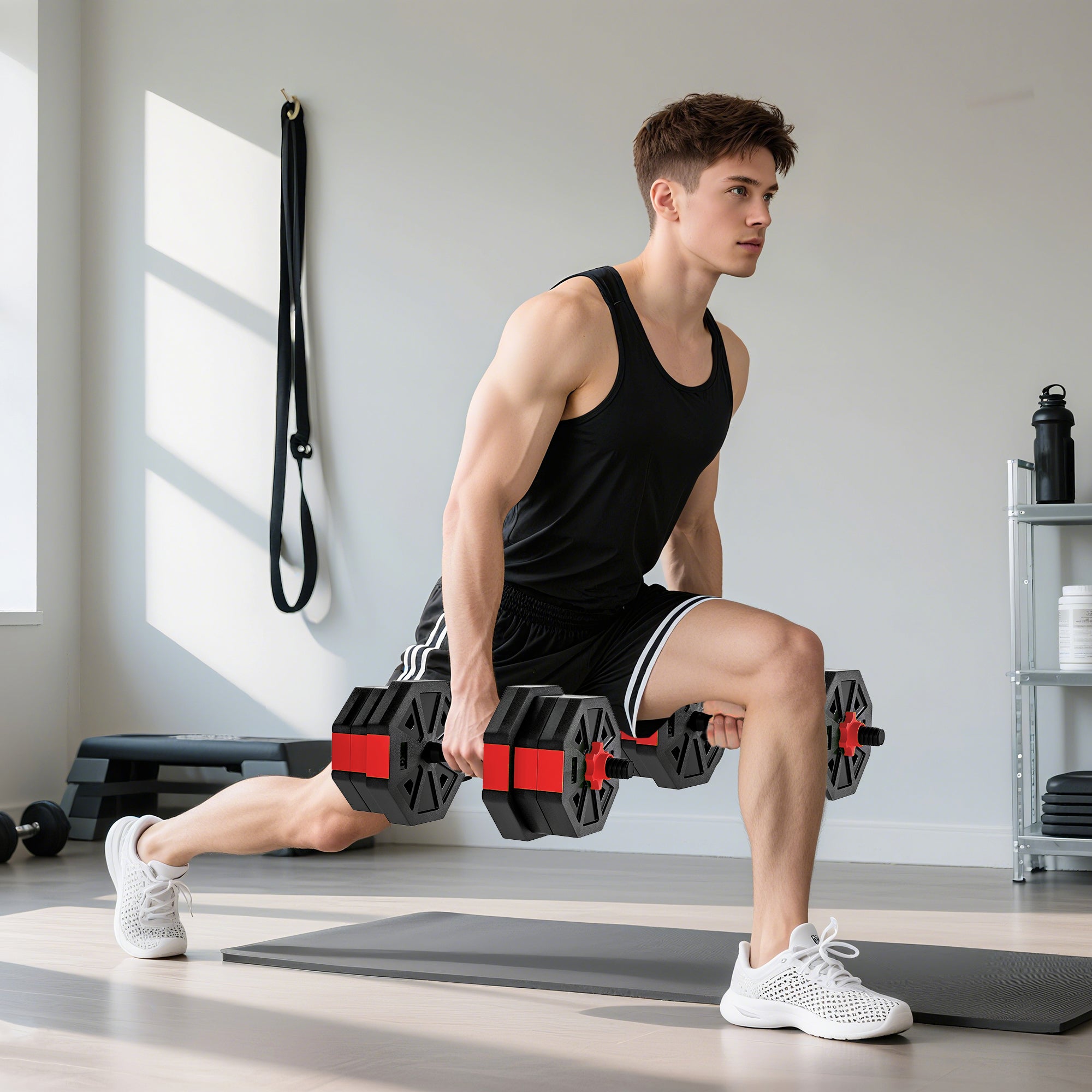 6-in-1 Adjustable Weight Dumbbells Set, Used as Kettlebell, Barbell, Dumbbell, Push-Up Stand, 20kg Free Weights Set for Men and Women Home Gym Training, Red
