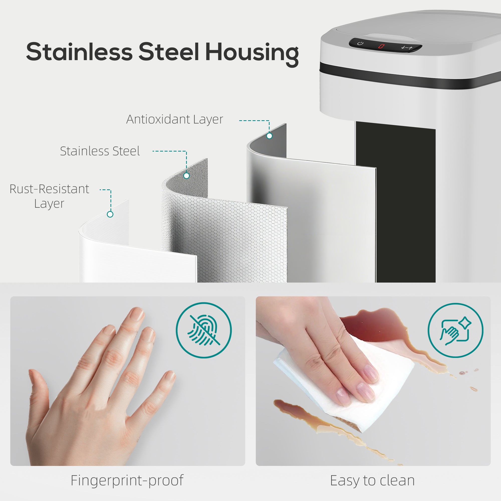 12L Sensor Bin, Automatic Touchless Motion Sensor Kitchen Bin with Fingerprint Resistant Stainless Steel, White