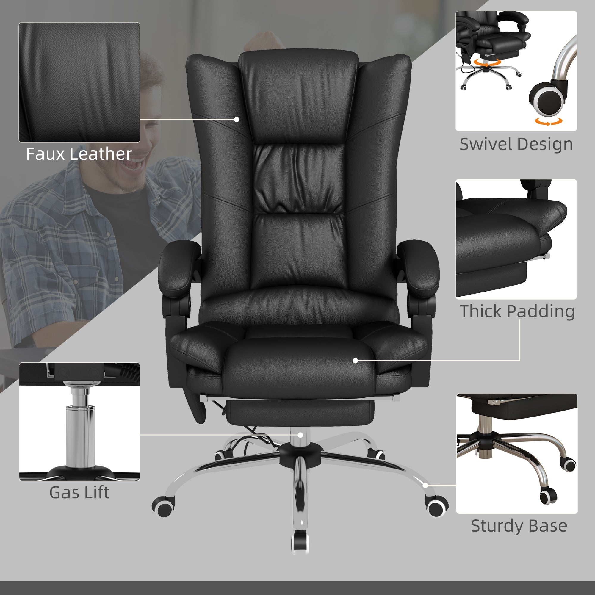 High Back Vibration Massage Office Chair, Heated Reclining PU Leather Computer Chair with 135° Reclining Back and Footrest, Black