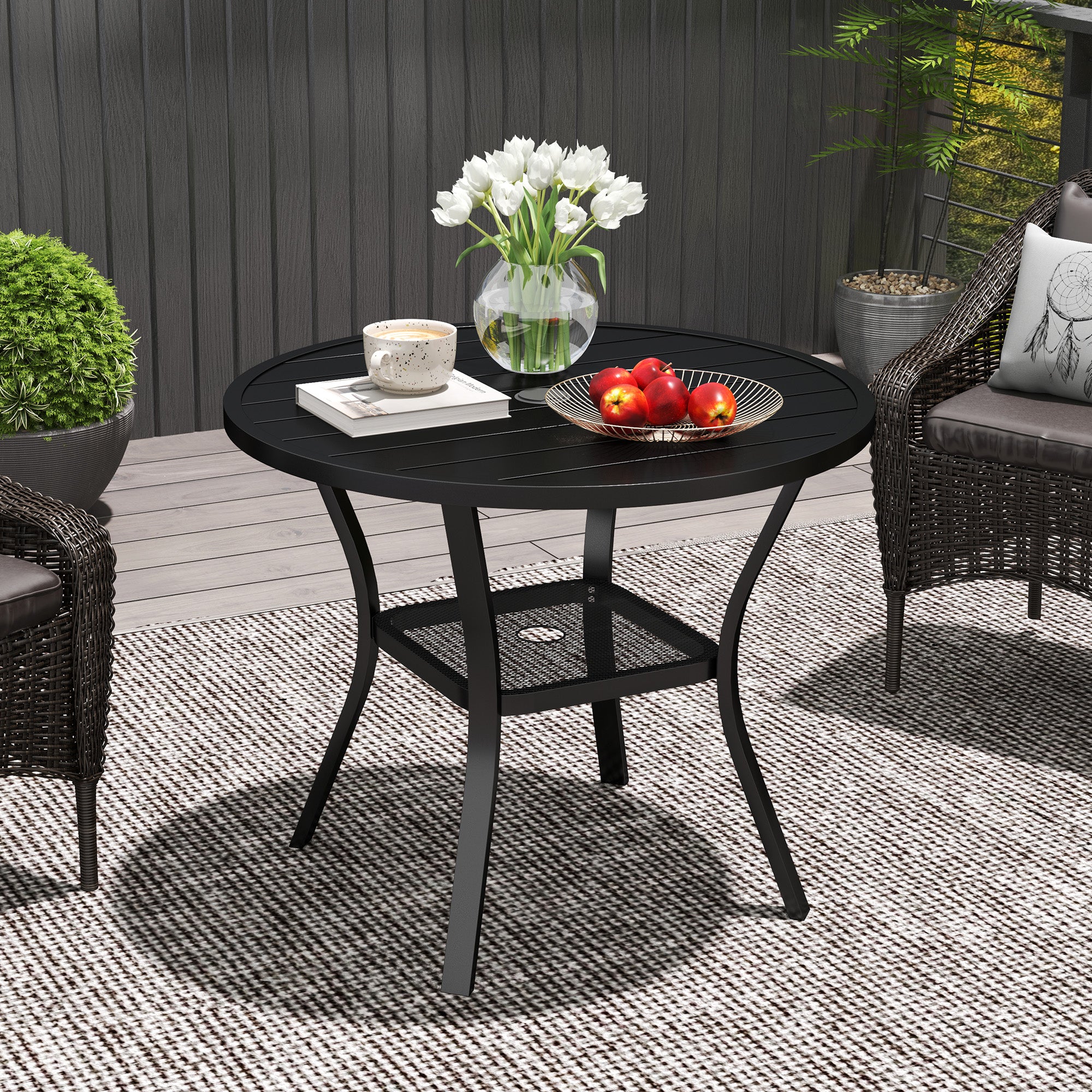 90cm Round Steel Garden Dining Table with Parasol Hole and Wire Shelf - Black