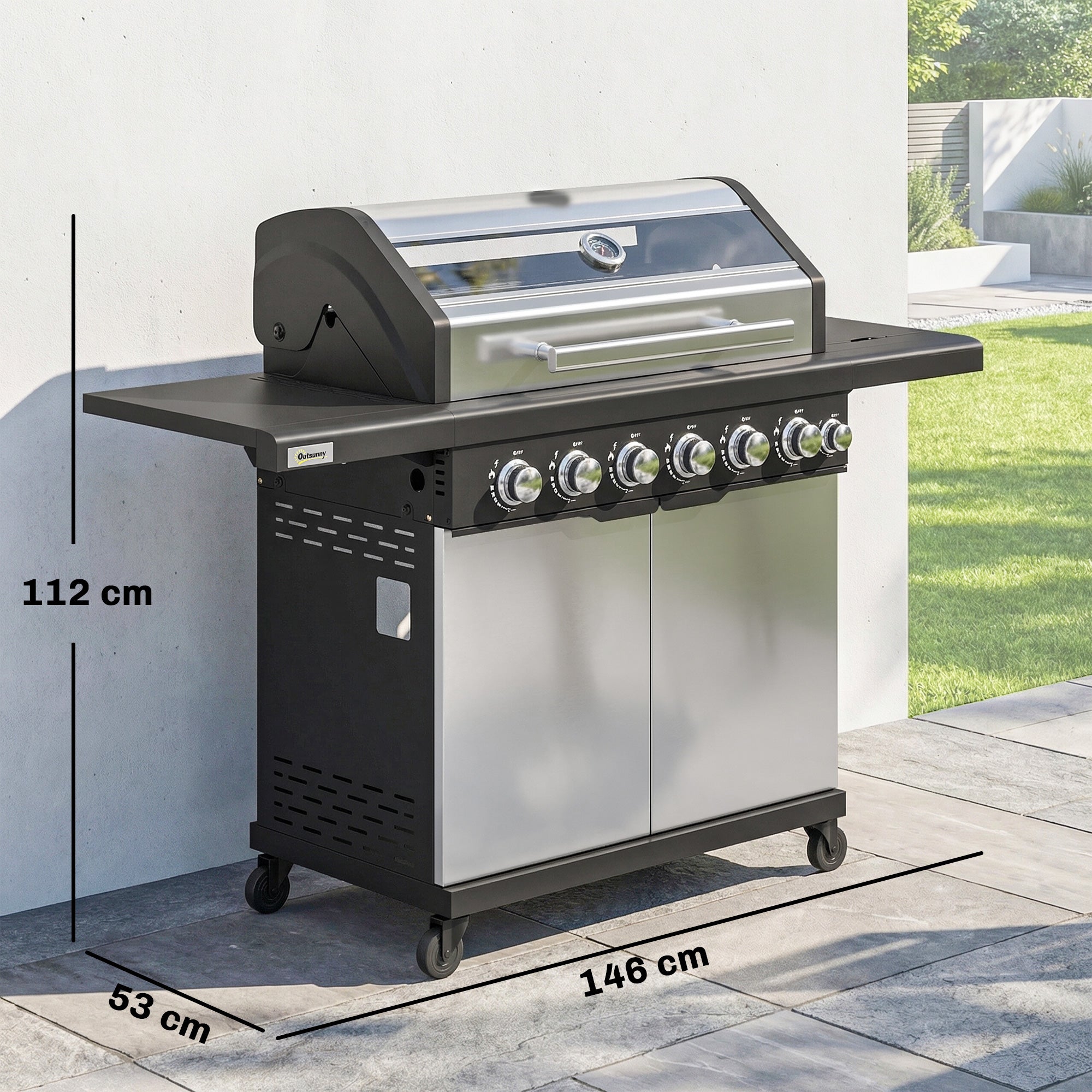 6+1 Burner Gas BBQ Grill, Outdoor Barbecue Trolley with Wheels, Warming Rack, Thermometer, Bottle Opener, Silver Tone