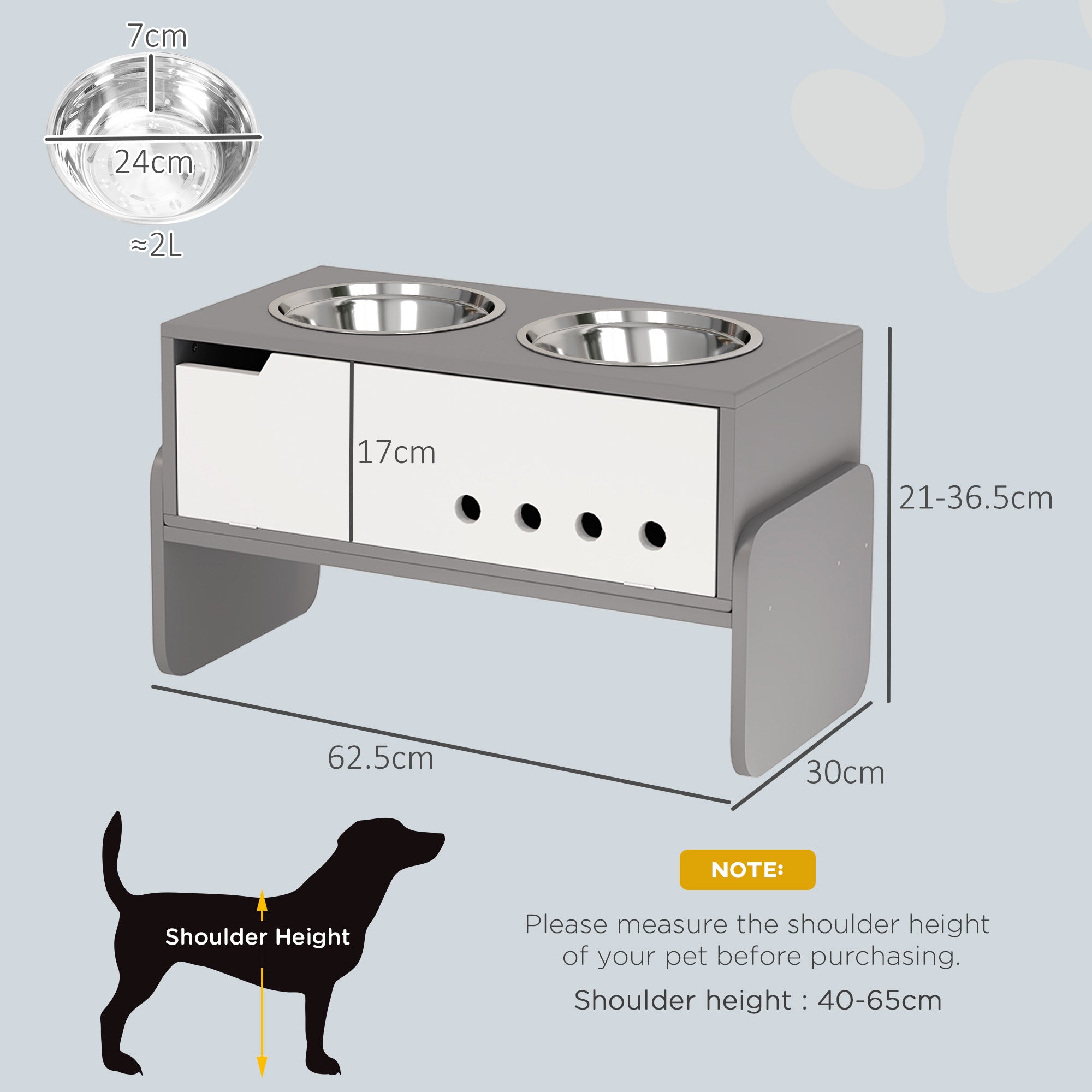 3 Height Adjustable Raised Dog Bowls, Dog Feeding Storage Station w/ Slow Feeder Mat, 2 Stainless Steel Bowls