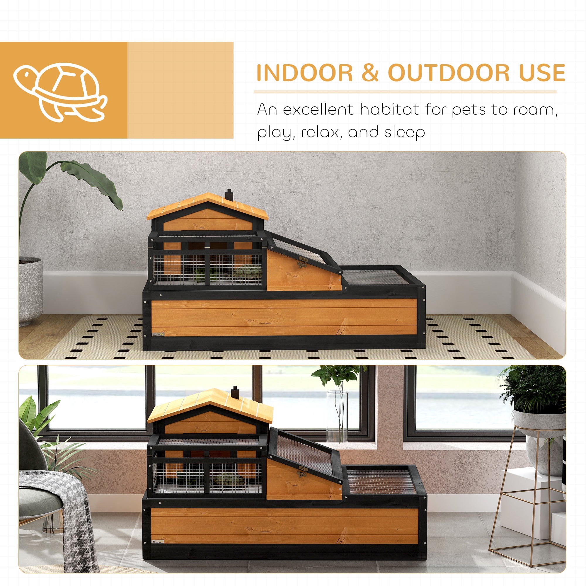 Wooden Tortoise House with Balcony, Tray & Roof for Indoor & Outdoor Use - Yellow