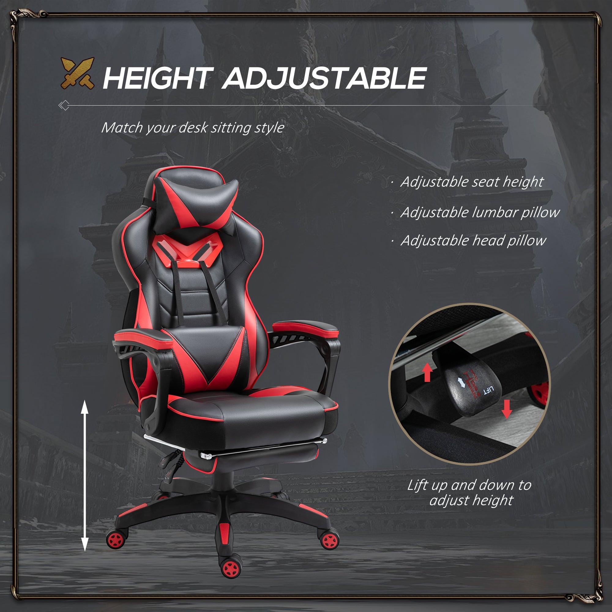 Computer Gaming Chair, Racing Desk Chair with Lumbar Support and Footrest, PU Leather Gamer Chair with Headrest and Swivel Wheels for Home, Red