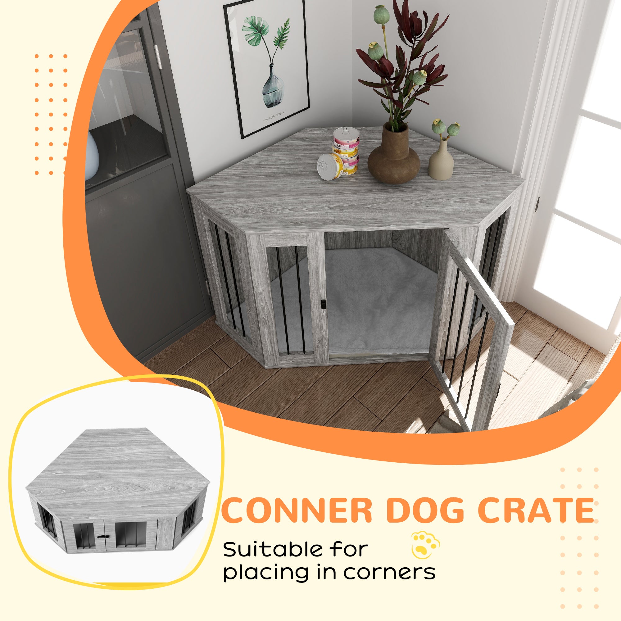 2 in 1 Medium Dog Crate Furniture Side Table with Cushion 122x61x71cm - Grey