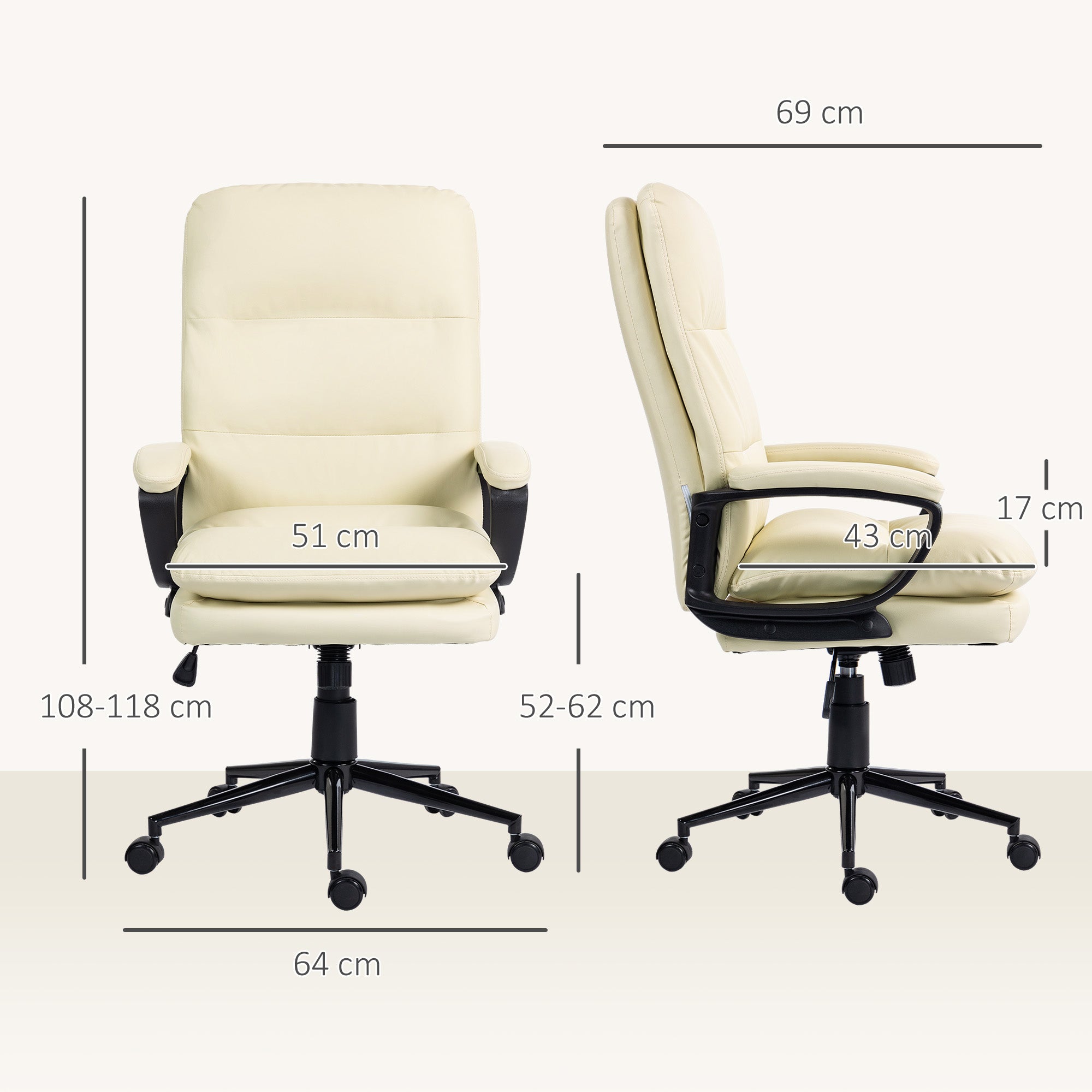 Office Chair, PU Leather Computer Desk Chair Office Chair with Adjustable Height and Swivel Rolling Wheels for Work Study, Cream White