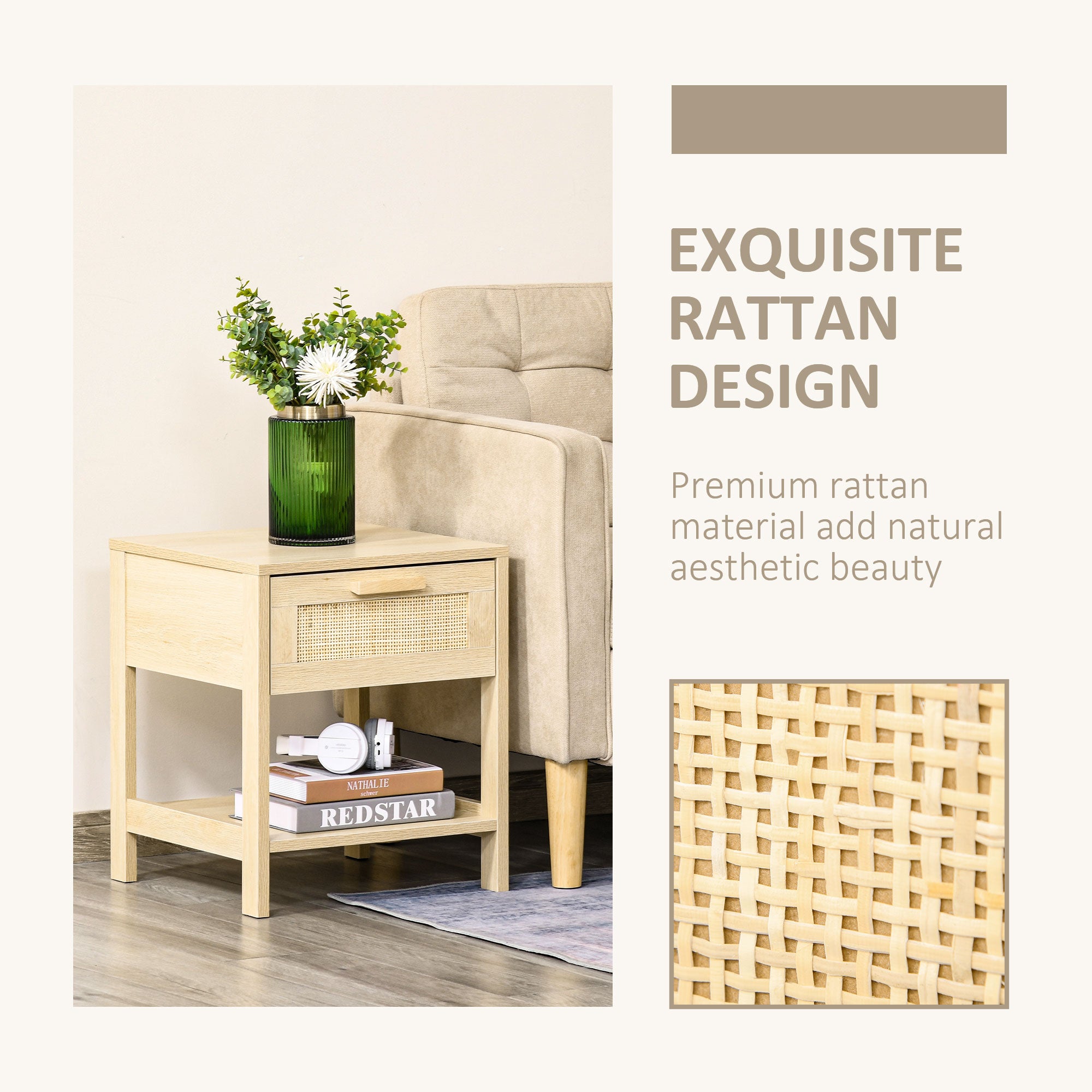 Bedside Table Set of 2 with Rattan Drawer, Rustic Side Tables with Storage Shelf for Bedroom, Living Room, Natural