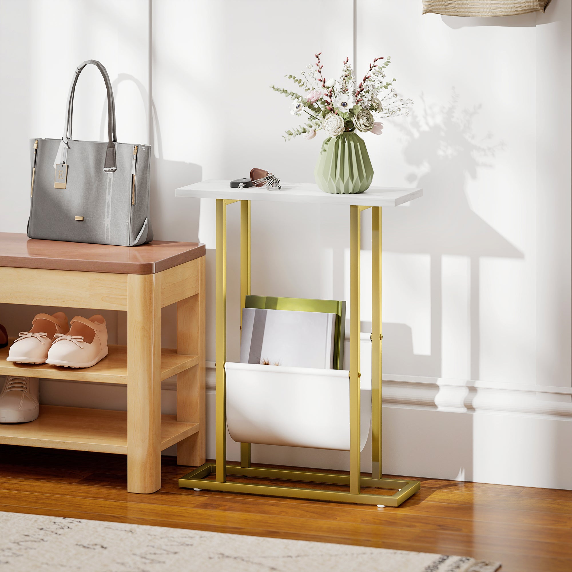 Narrow Side Table, End Table with Magazine Holder, Nightstand for Small Spaces, Living Room, Bedroom, White Marble Grain