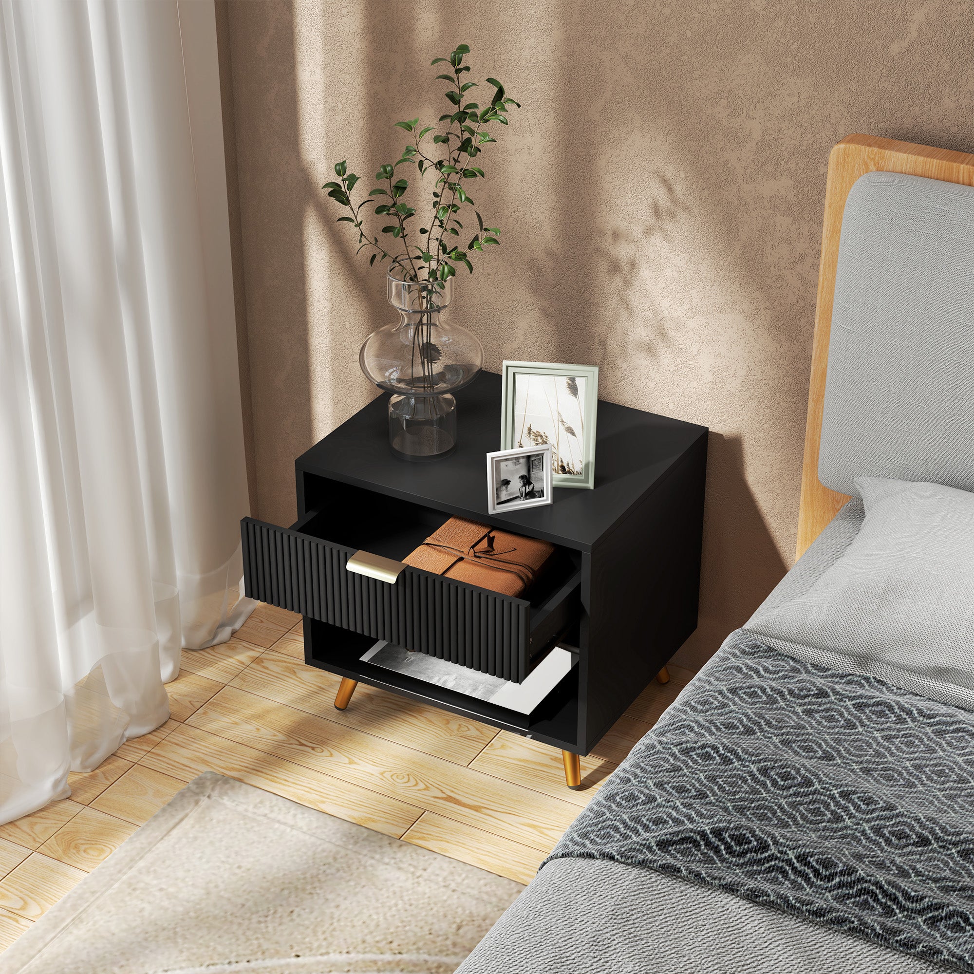 Elegant Bedside Table, with Drawer and Shelf - Black/Gold Tone