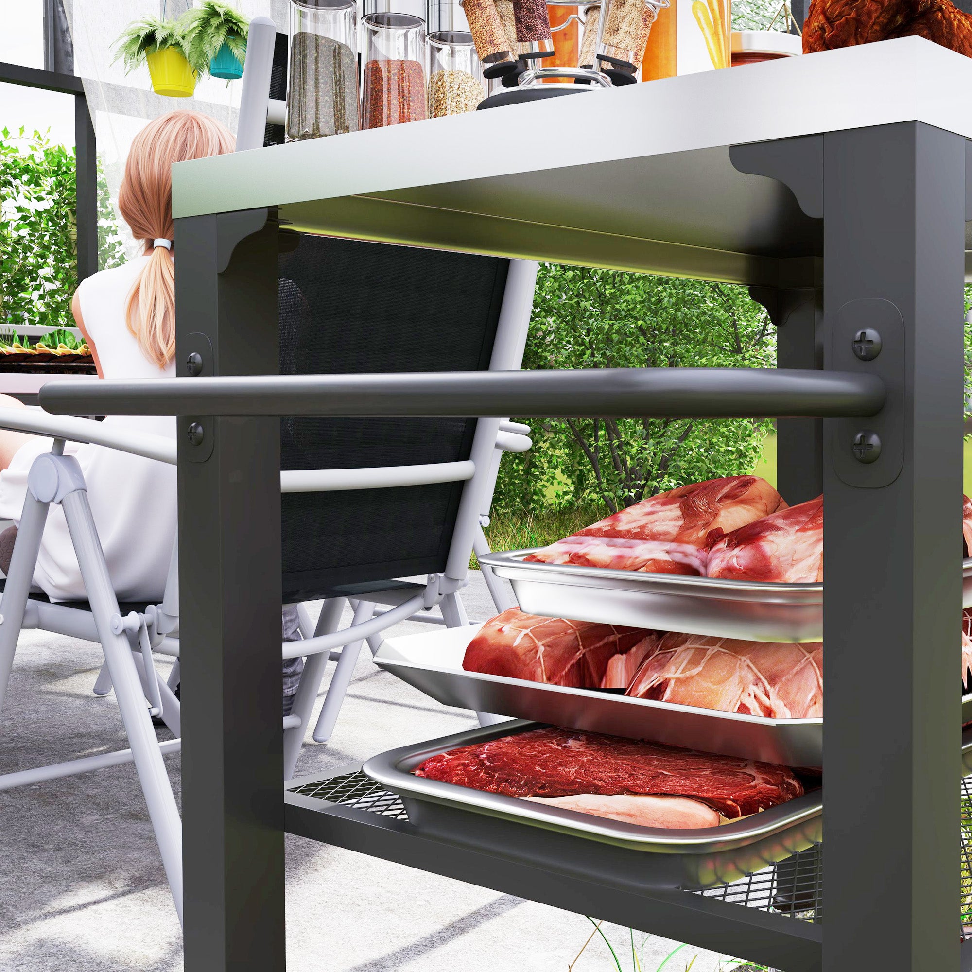 Three-Shelf Outdoor Grill Cart with Stainless Steel Top, Outdoor Kitchen Island with 4 Wheels, 3 Hooks, Movable Food Prep Pizza Oven Table for Kitchen, Patio, Garden, 65.5 x 41 x 79 cm