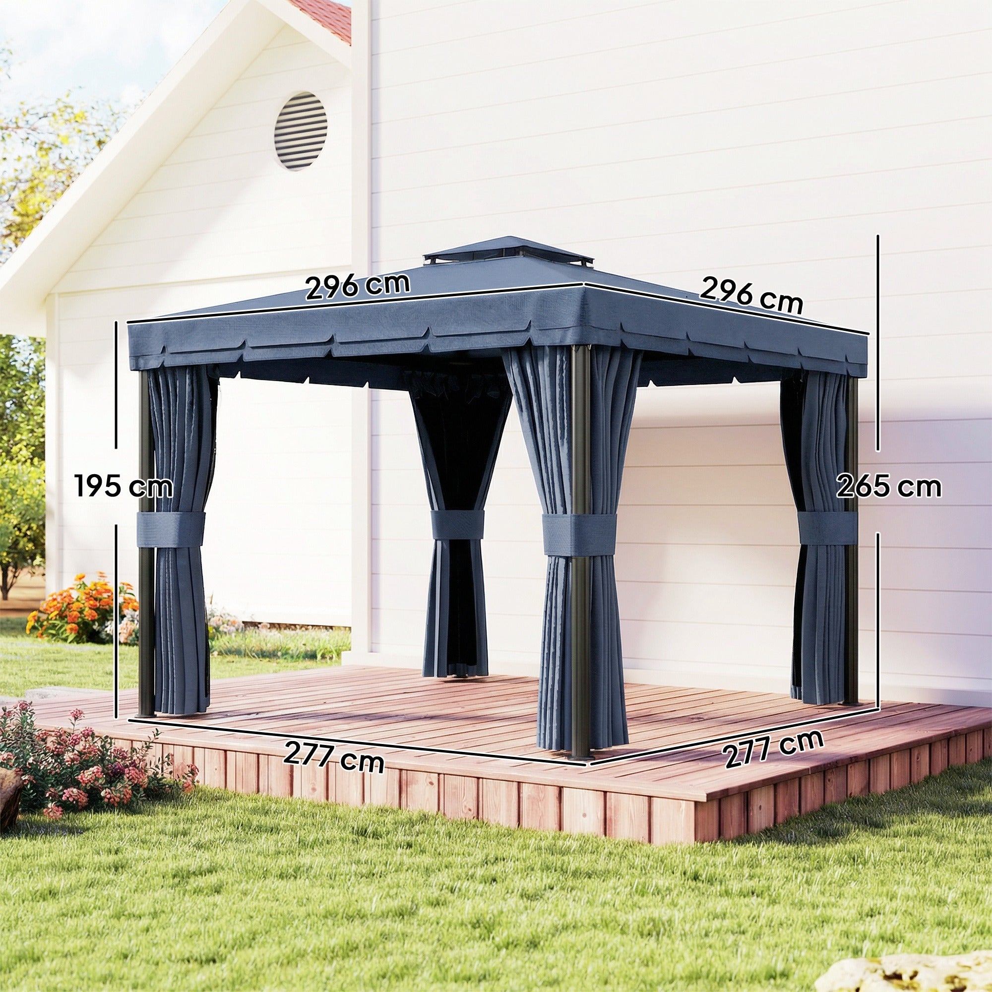 3 x 3(m) Patio Gazebo Canopy Garden Pavilion Tent Shelter Marquee with 2 Tier Roof, Netting and Curtains, Dark Blue