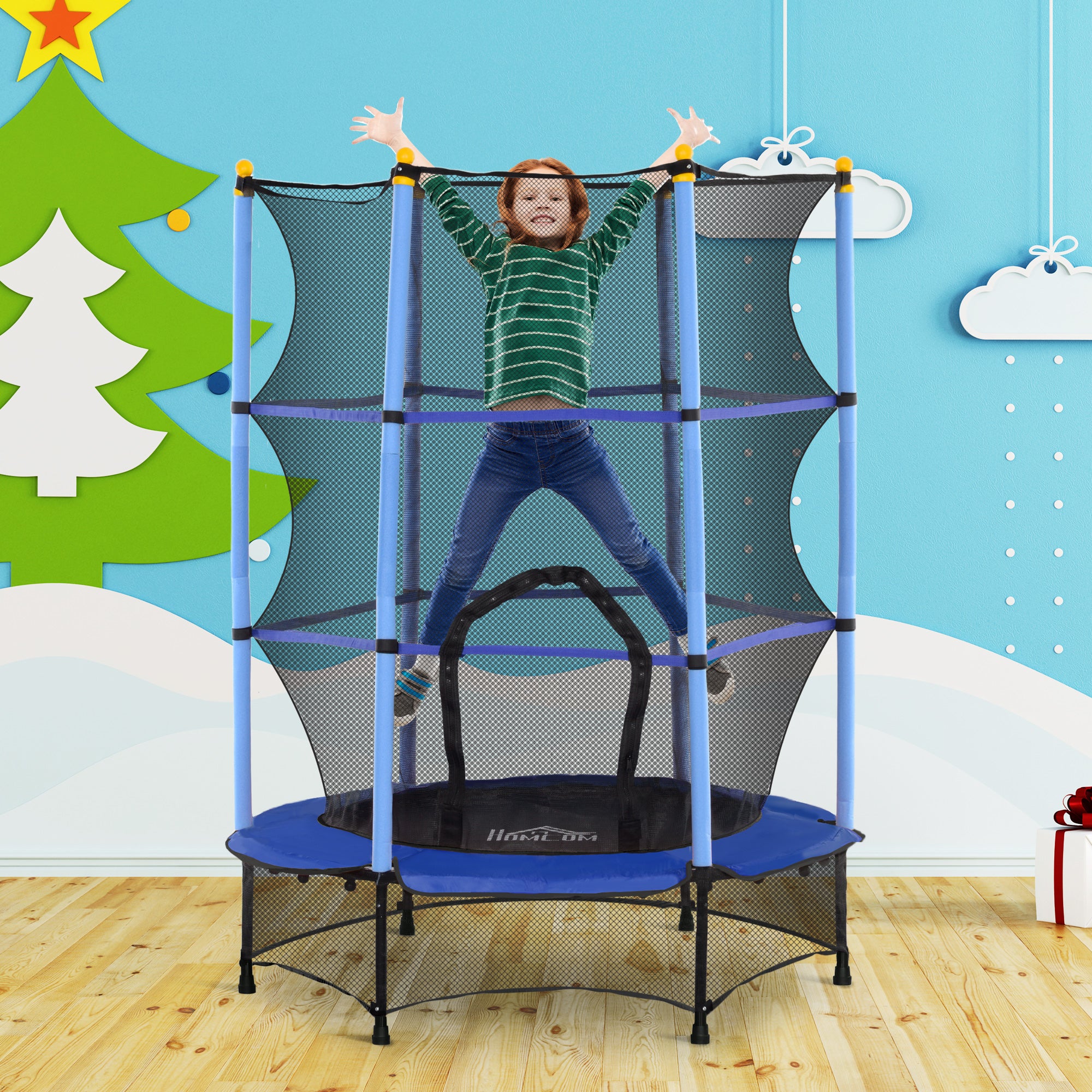 4.6FT/55" Kids Trampoline with Safety Enclosure, Outdoor Indoor Use, for Ages 3-10 Years, Blue