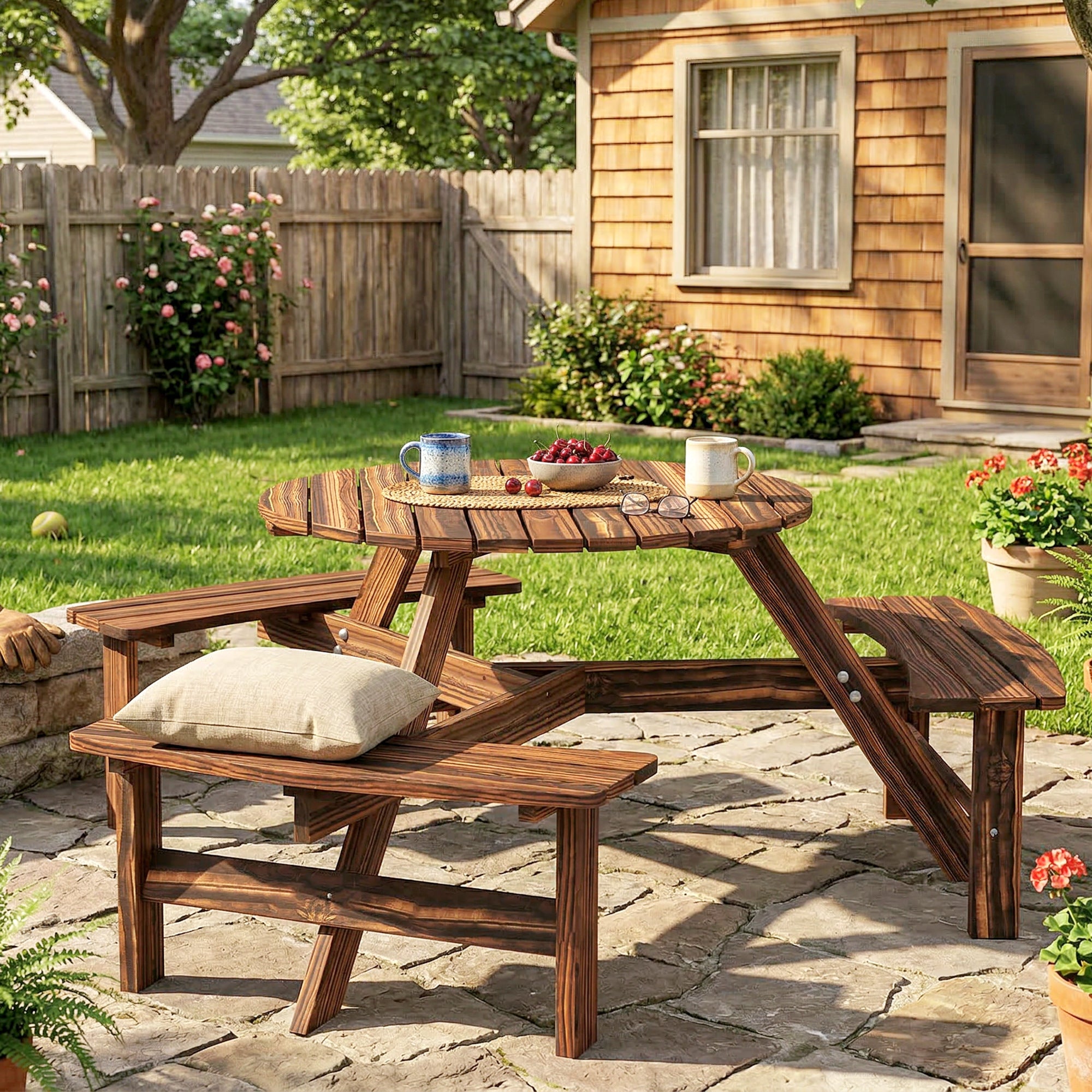 Wooden Garden Dining Set, 6 Seater Round Dining Picnic Table with Matching Bench, Garden Furniture Set with Parasol Hole for Outdoor Patio Party and Family Gatherings, Carbonized