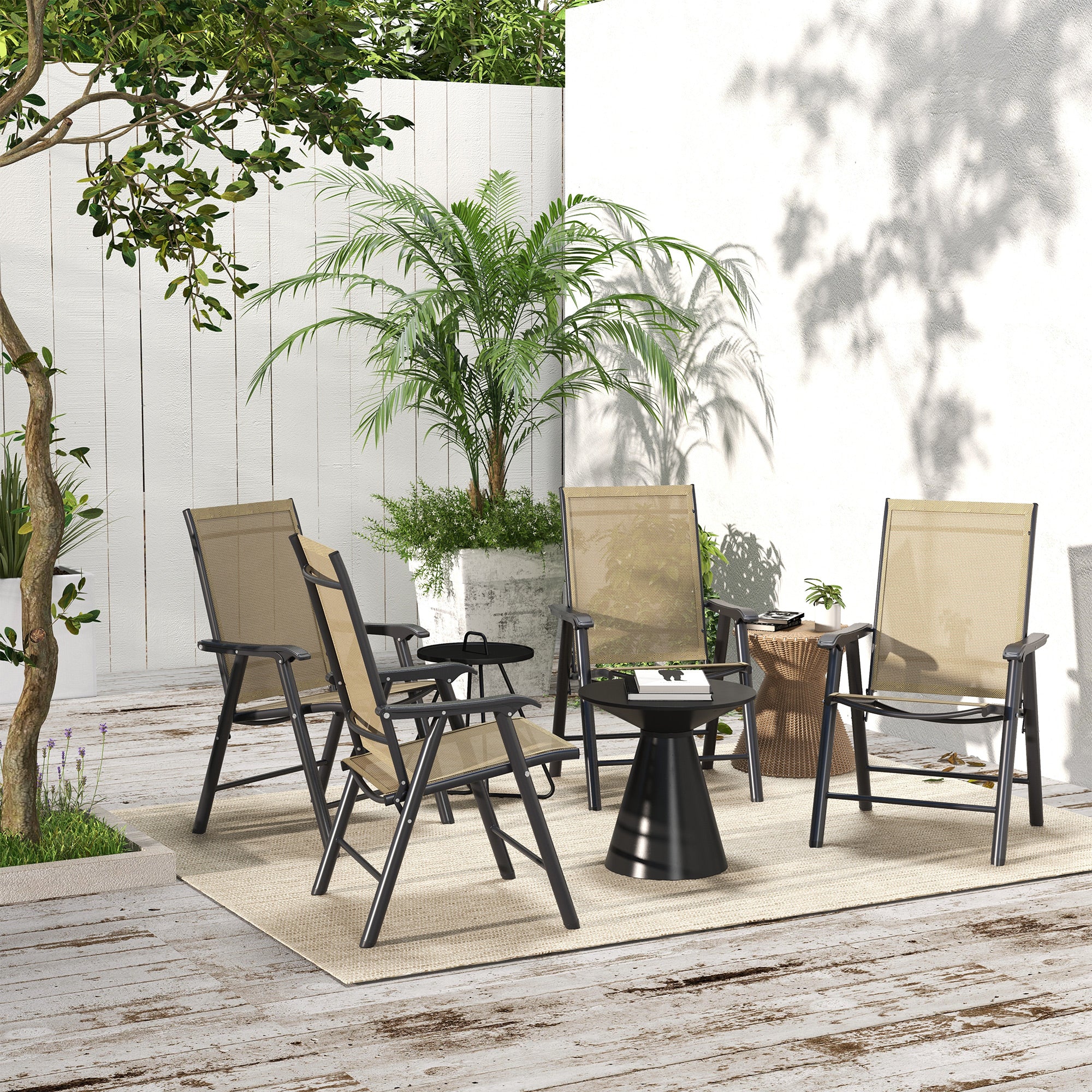 Set of 4 Foldable Metal Garden Chairs with Breathable Texteline Seats - Light Brown