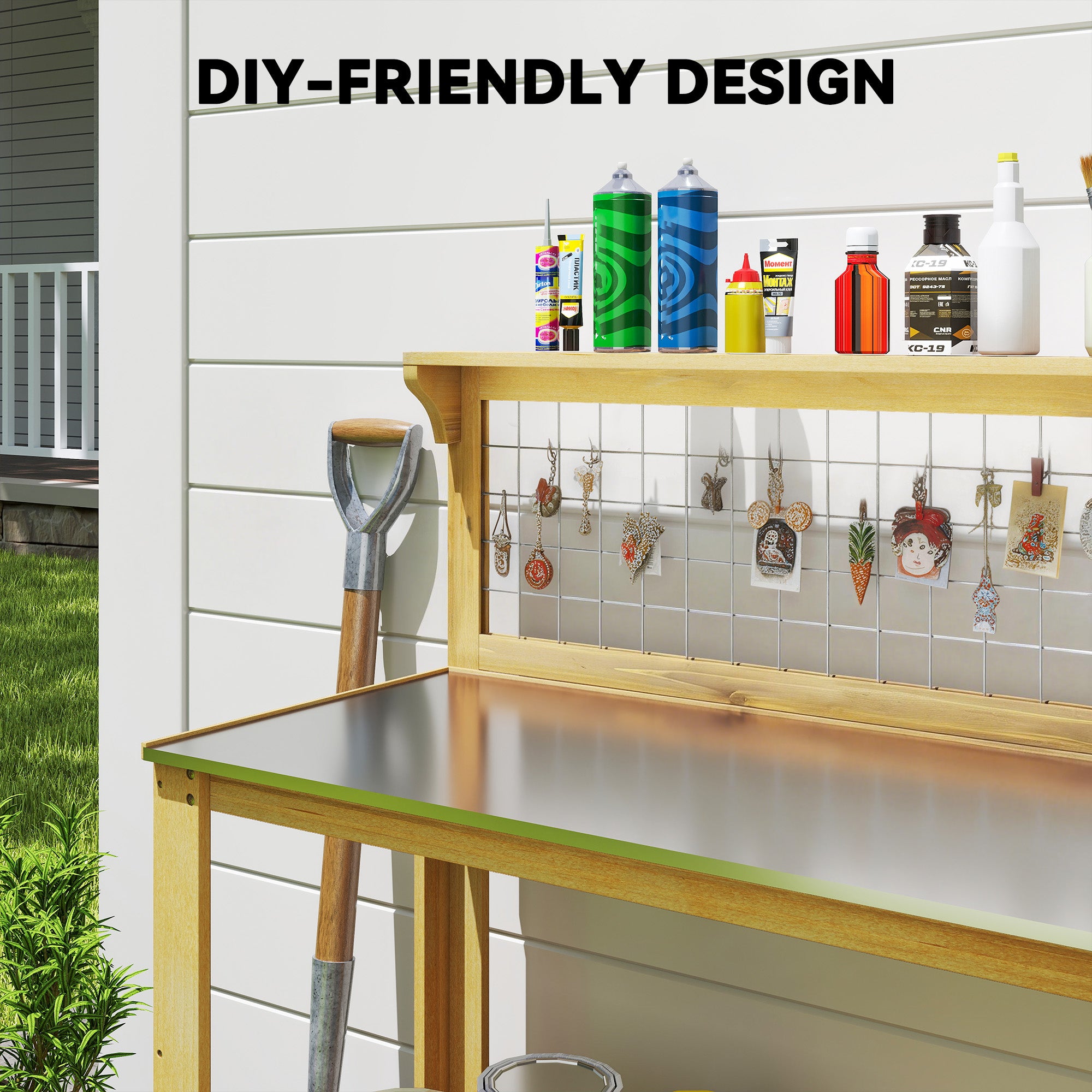 Wooden Potting Bench Table with Aluminium Worktop, Outdoor Garden Workbench with 2 Shelves