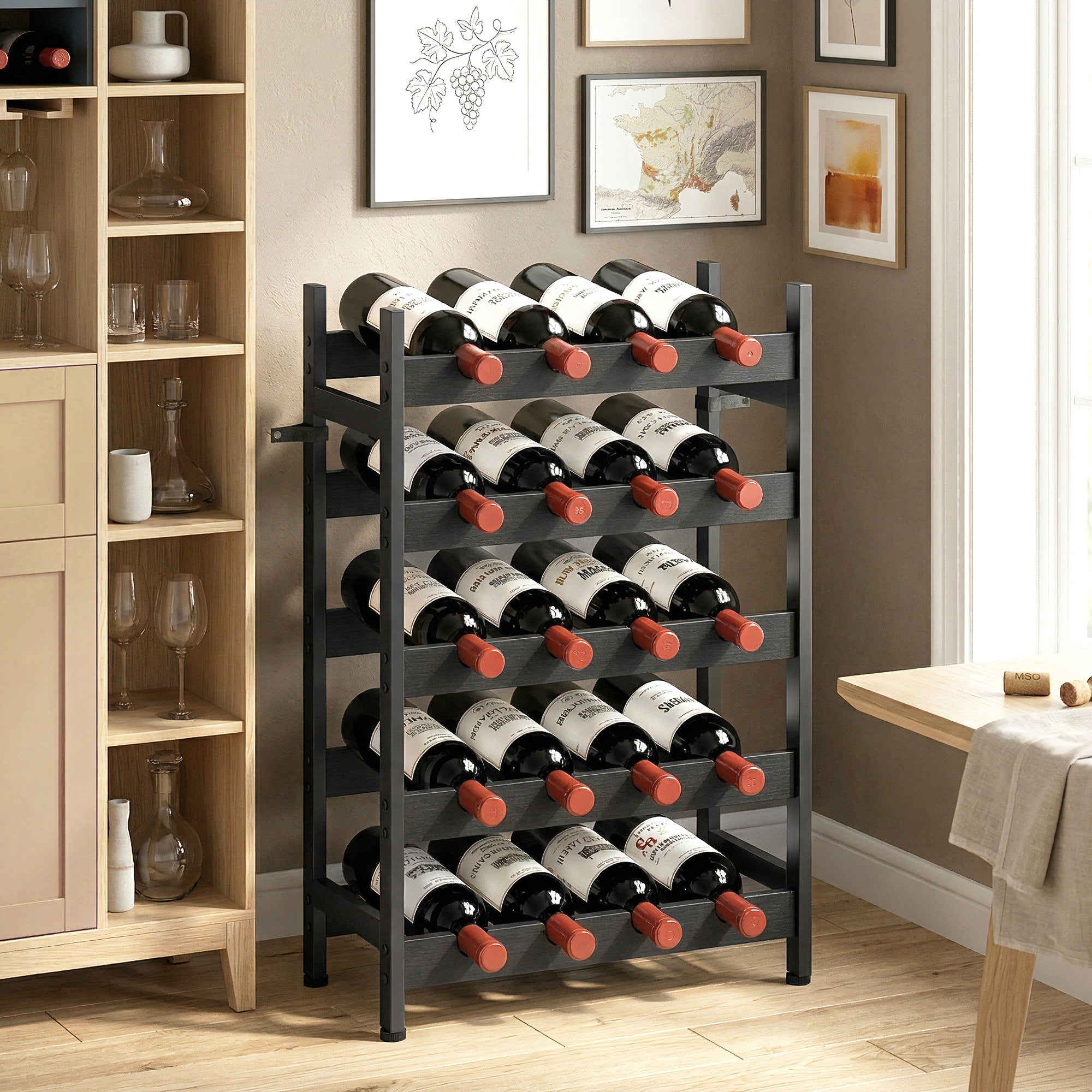 Wine Rack Freestanding Industrial Liquor Cabinet 5-Tier 20 Bottles Bar Stand with Adjustable Feet, Black
