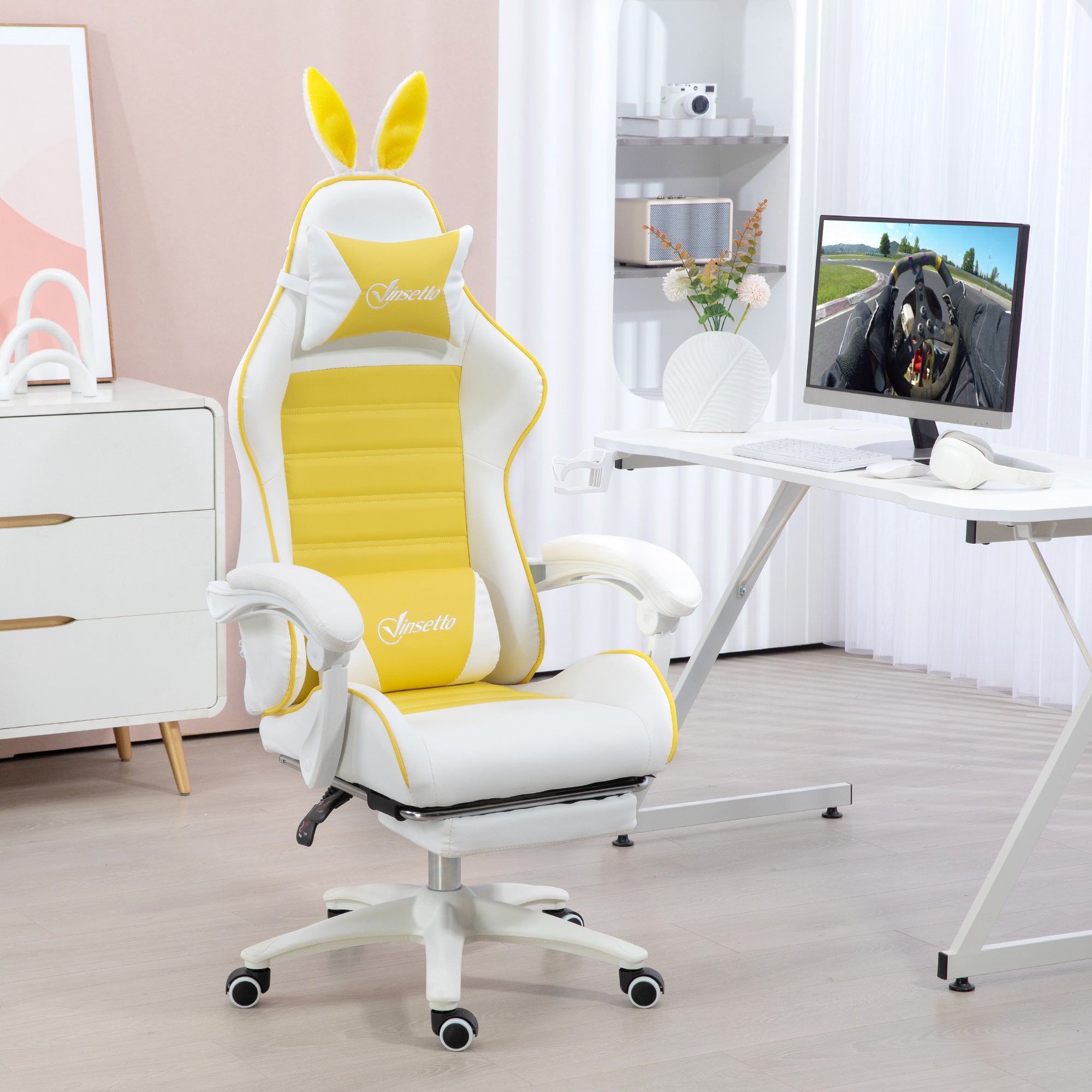 Racing Gaming Chair, Reclining PU Leather Computer Chair with Removable Rabbit Ears, Footrest, Headrest and Lumber Support, Yellow