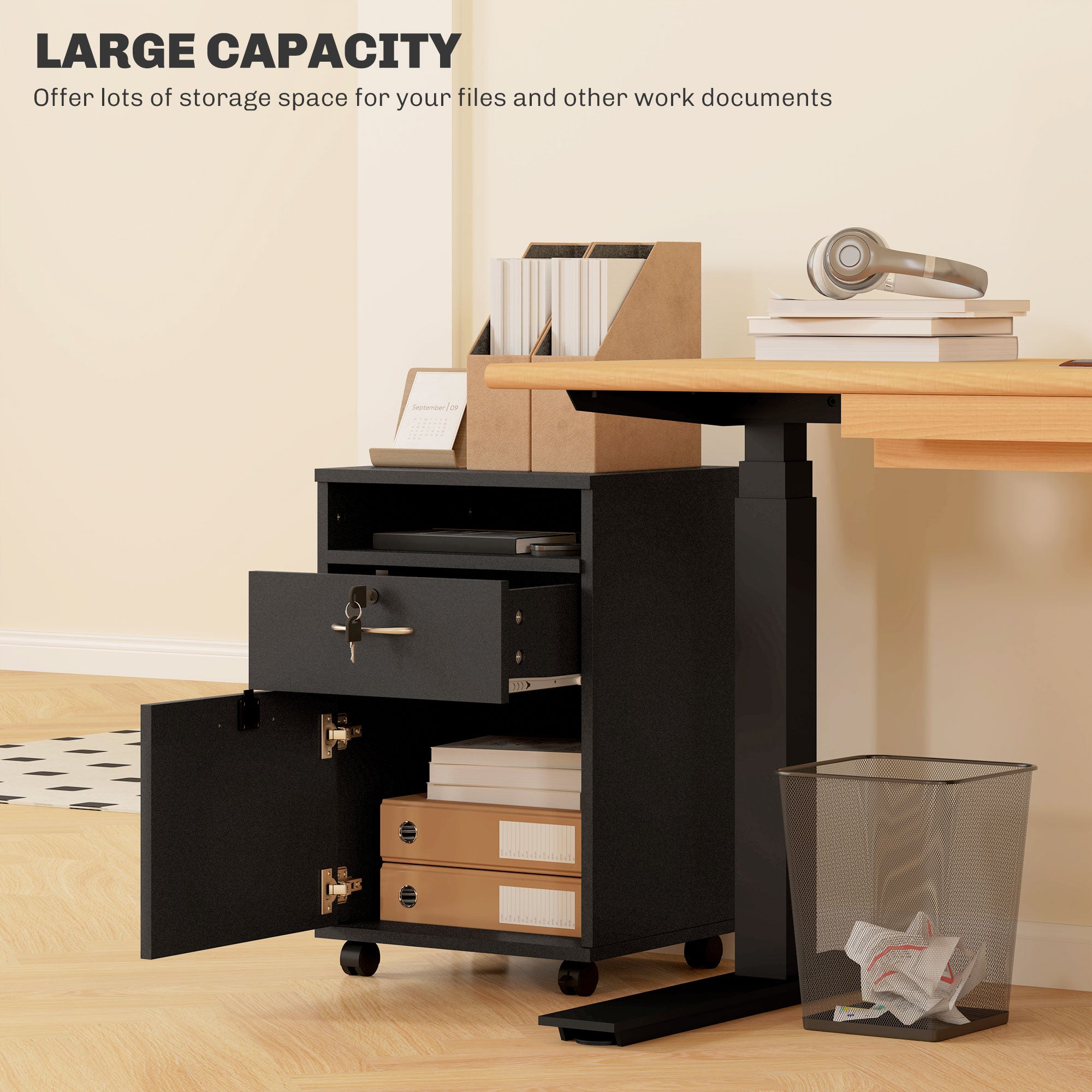 60cm Mobile Filing Cabinet with Drawer, Open Shelf, Locks & Wheels - Black