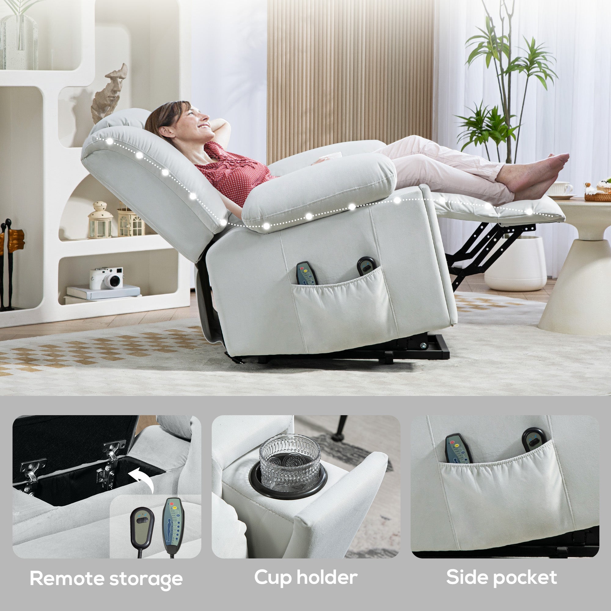 Power Lift Recliner Chair with Vibration Massage and Heat, Electric Lift Chair for Elderly, Overstuffed Fabric Riser and Reclining Armchair with USB Ports, Cup Holders, Light Grey