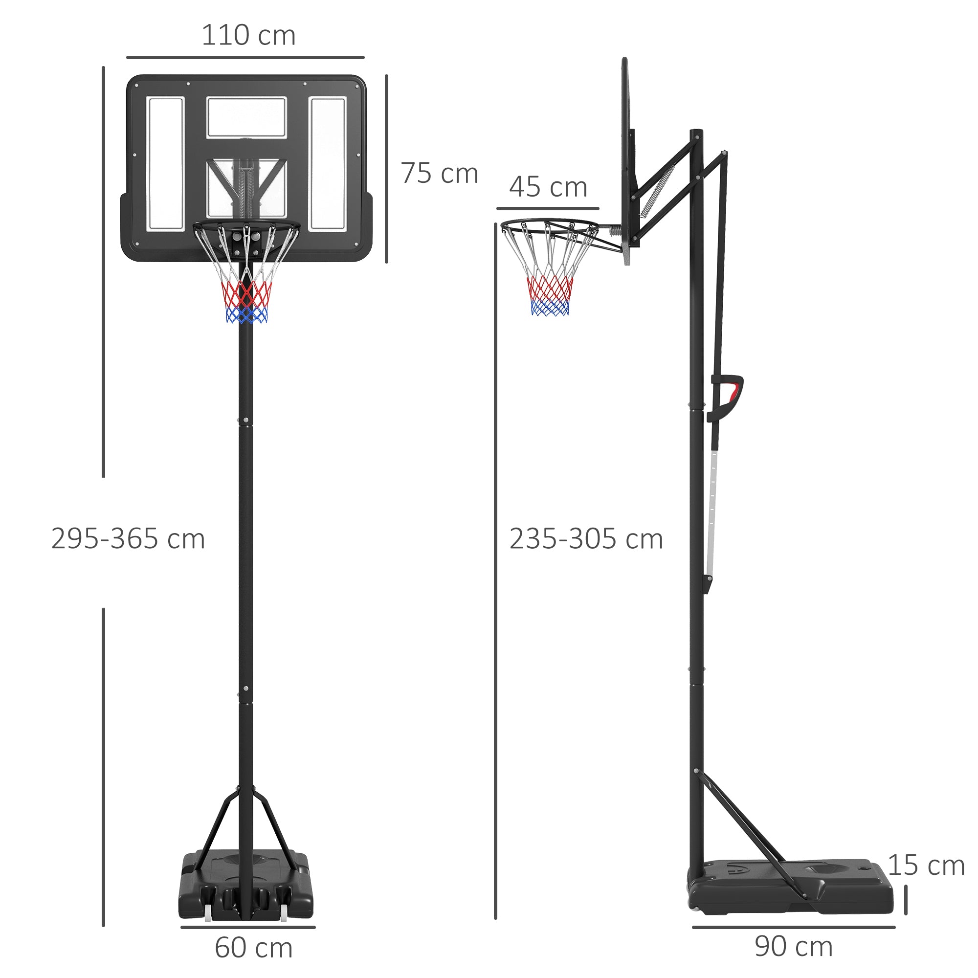 Height Adjustable Basketball System, Freestanding Basketball Hoop and Stand w/ Wheels, 2.35-3.05m