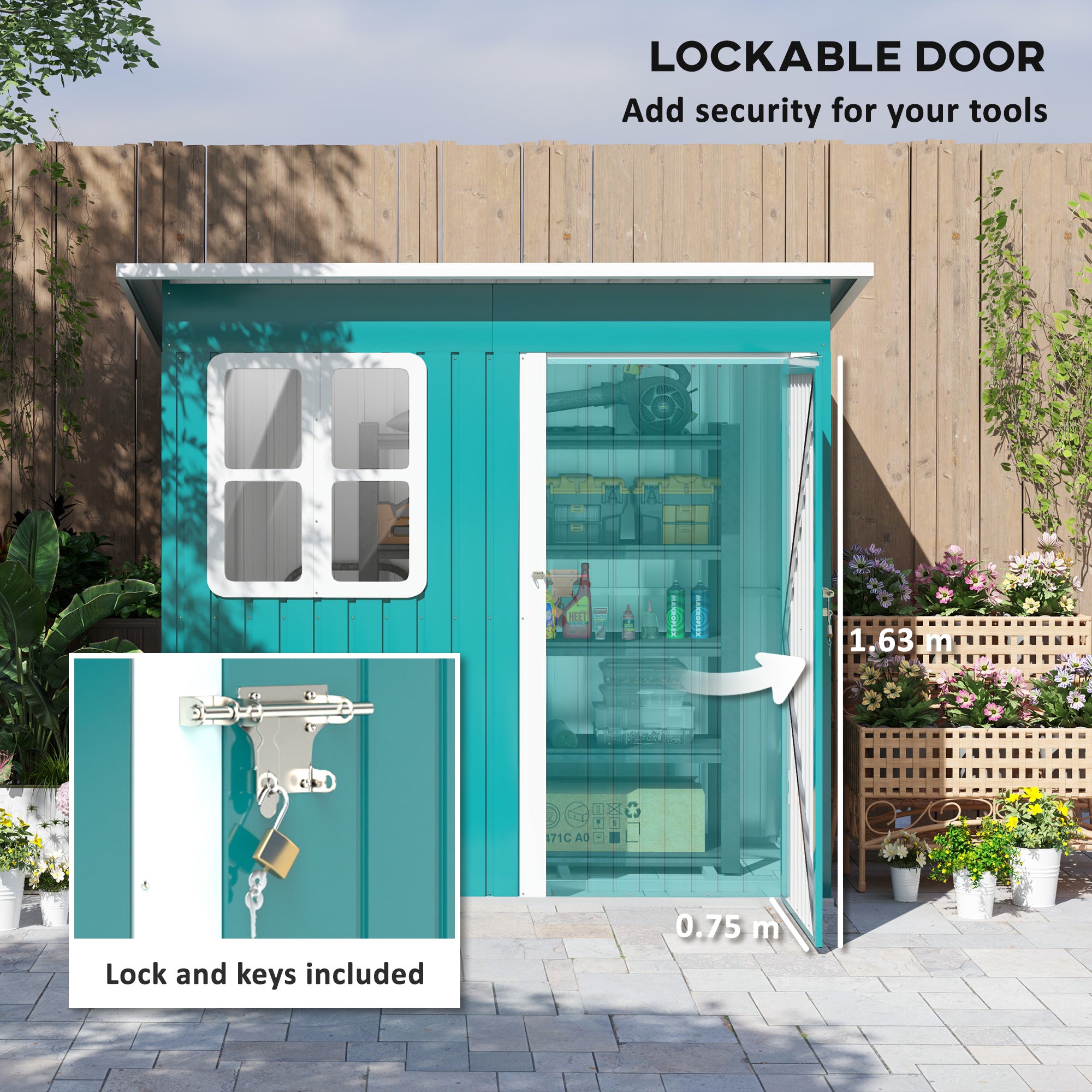 7 x 4ft Galvanised Steel Garden Shed with Lock and Window - Green