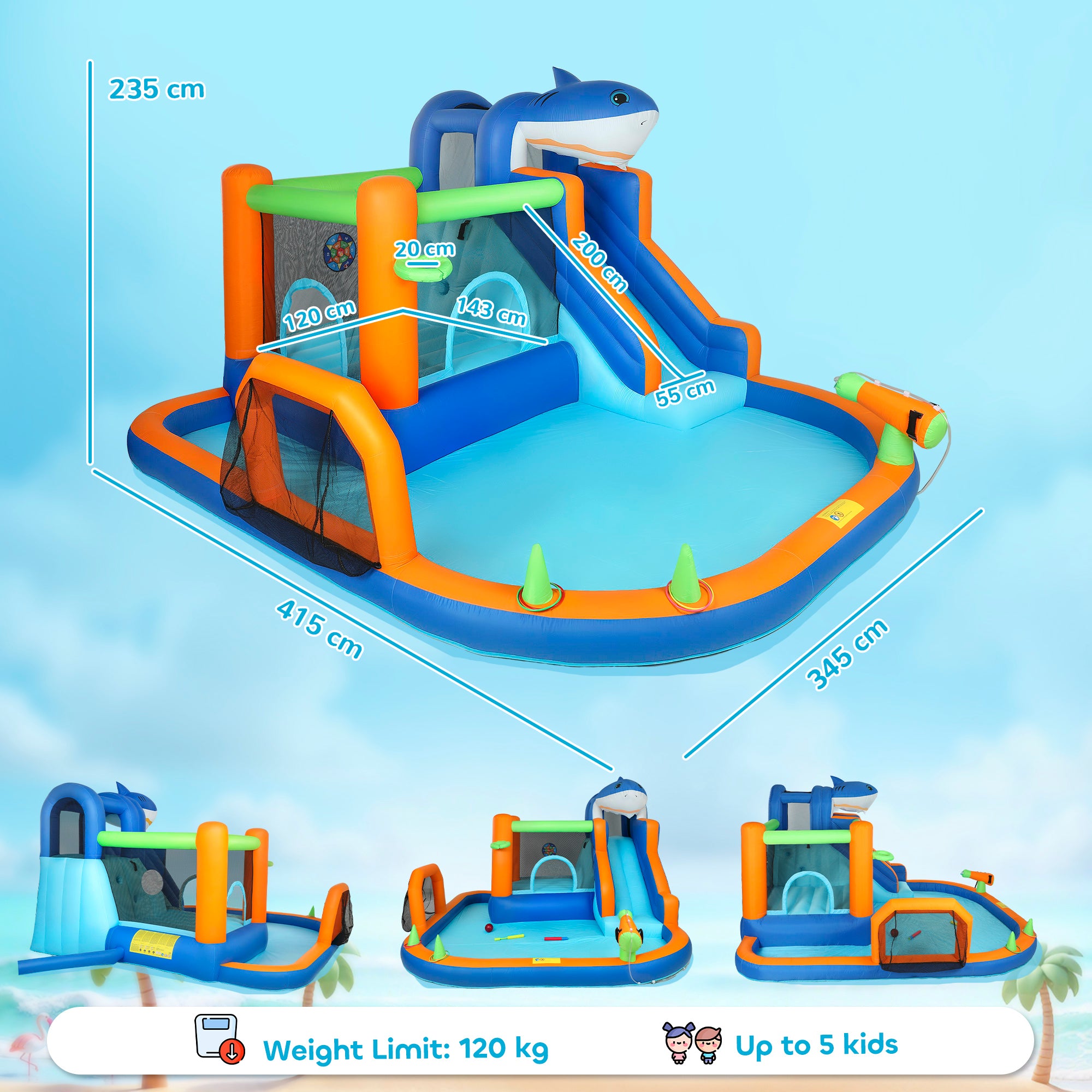 Inflatable Bouncy Castle for Kids, Sharks Theme Jumping Bounce House with Slide, Climbing Wall for Indoor Outdoor