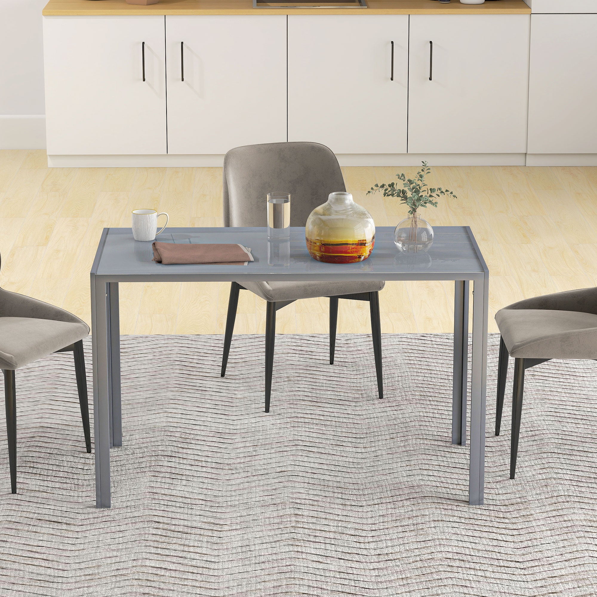 120cm Dining Table, Rectangle 4 Seater Kitchen Table with Tempered Glass Top and Metal Legs, Grey