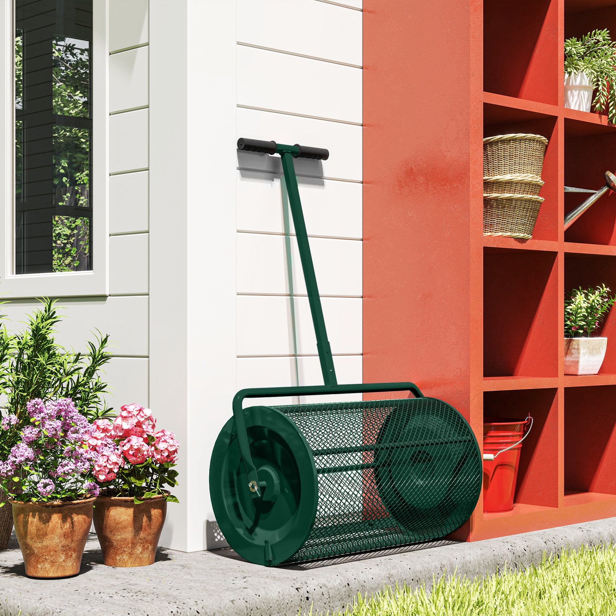 Compost Spreader, 24" Peat Moss Spreader with Height Adjustable T Shaped Handle and Metal Mesh Basket, Garden Spreader for Seeding, Spreading Manure, Green