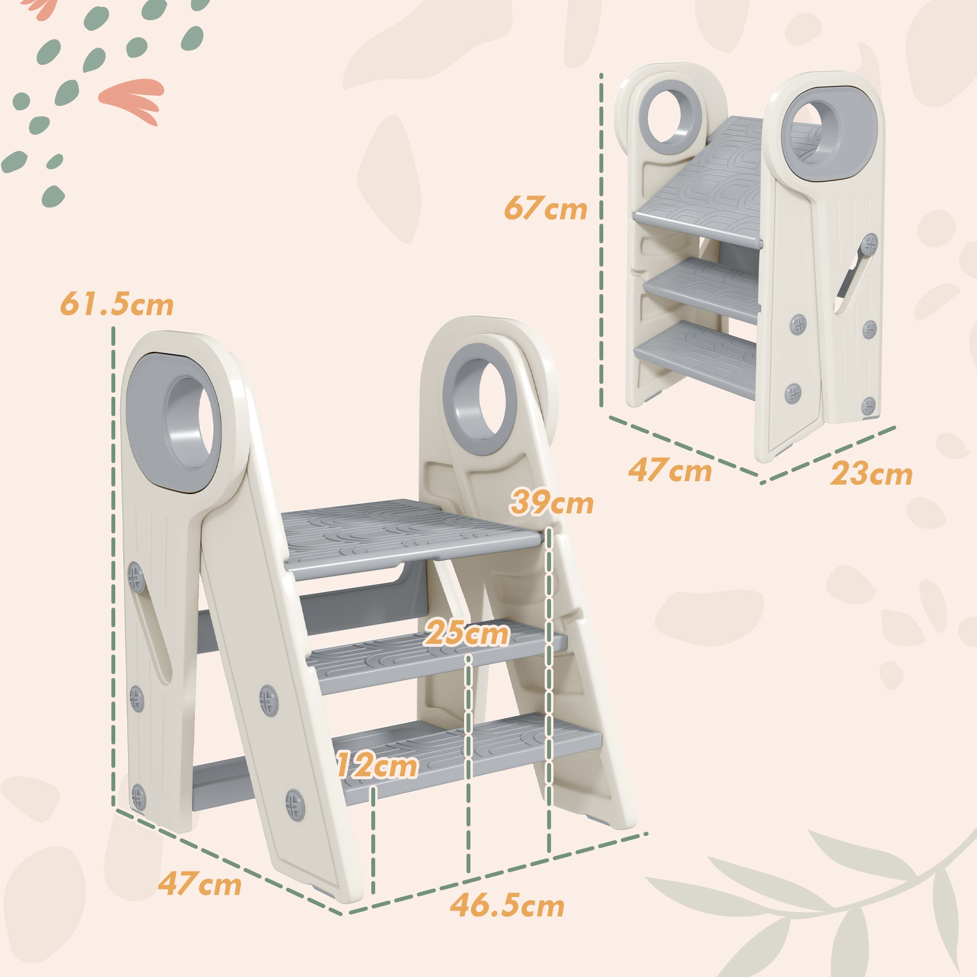 Foldable & Adjustable Toddler Tower with Handle, Non-Slip, Grey