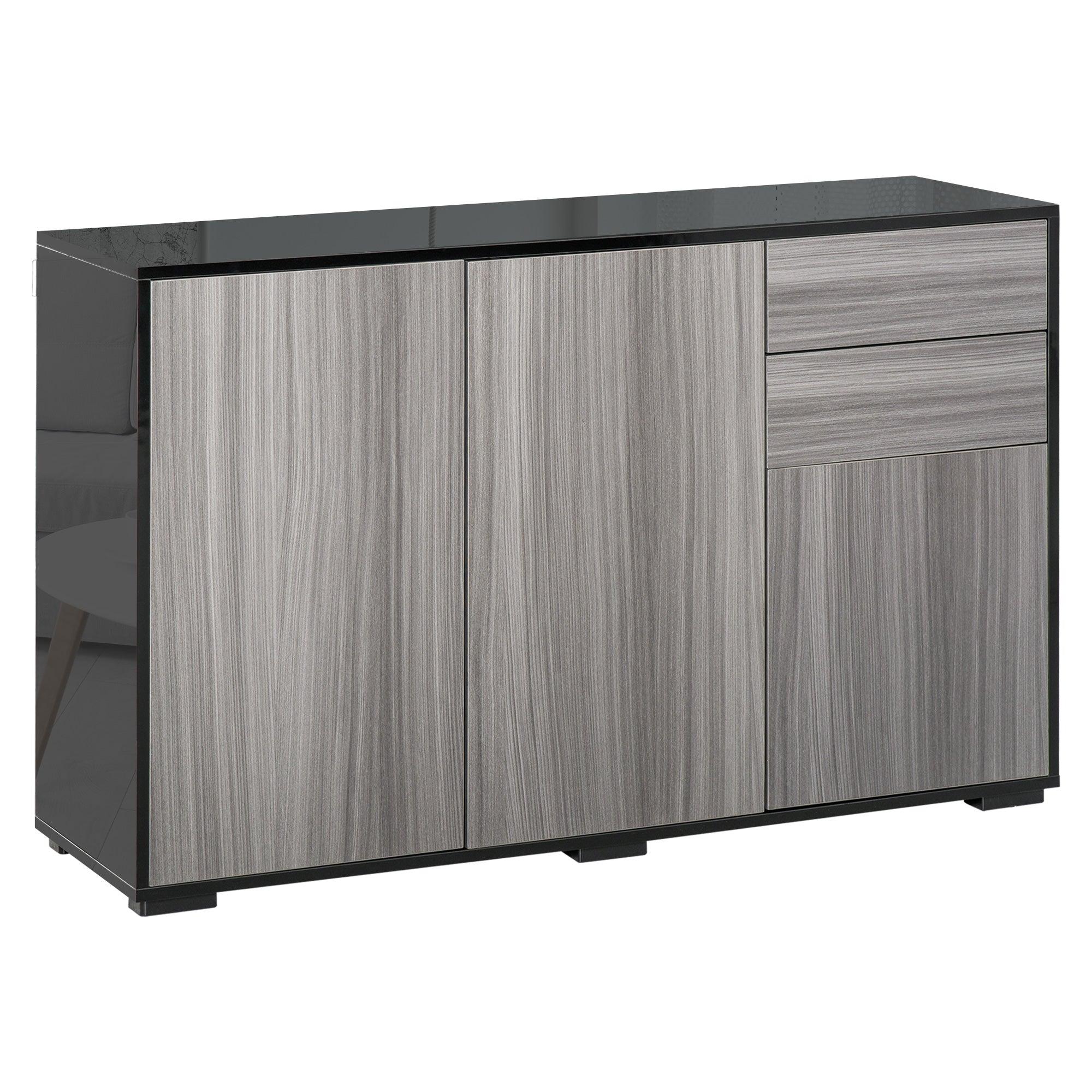 High Gloss Frame Sideboard, Side Cabinet, Push-Open Design with 2 Drawer for Living Room, Bedroom, Light Grey and Black