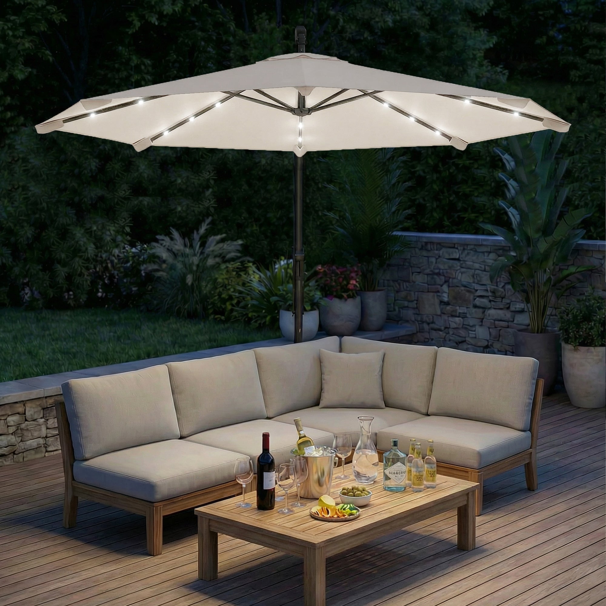 3 m Cantilever Parasol with Solar LED Lights Garden Umbrella with Cross Base, Cream White