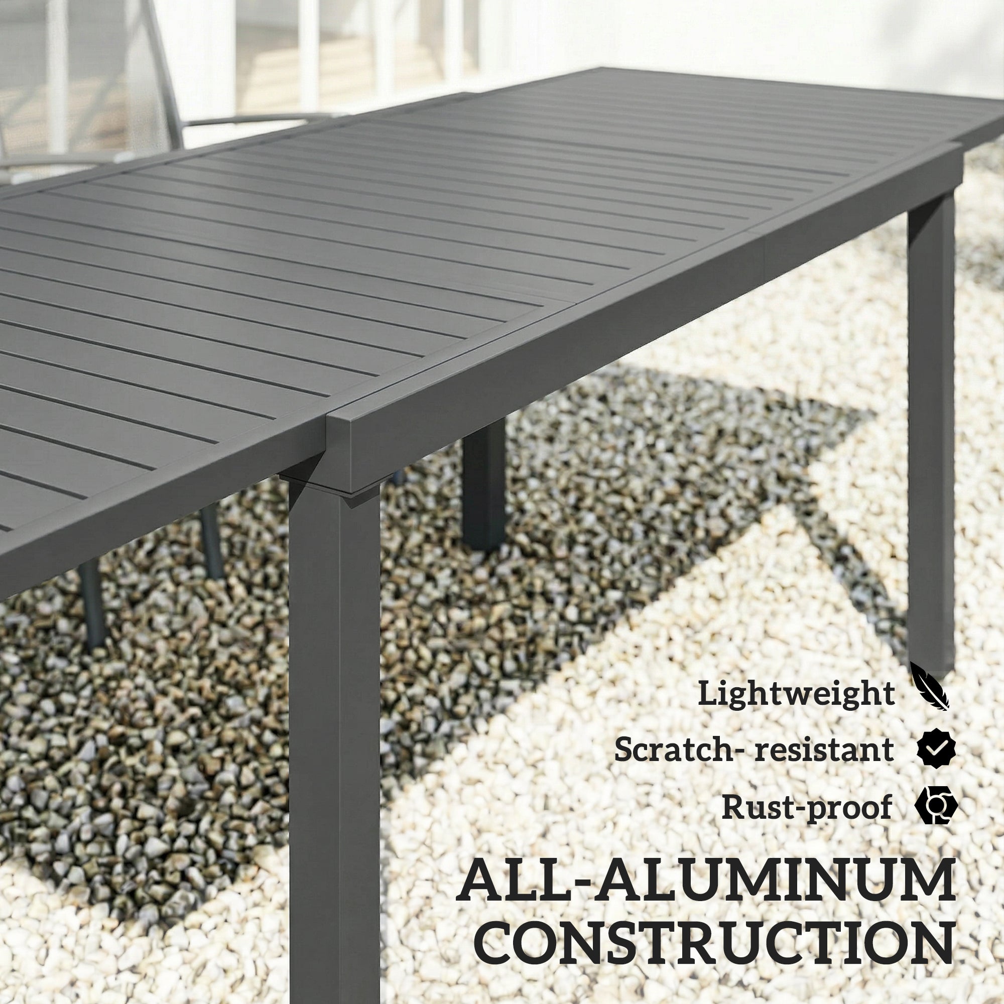 Extending Garden Table for 6-8 People, Full Aluminium Outdoor Dining Table with Slatted Top, Dark Grey