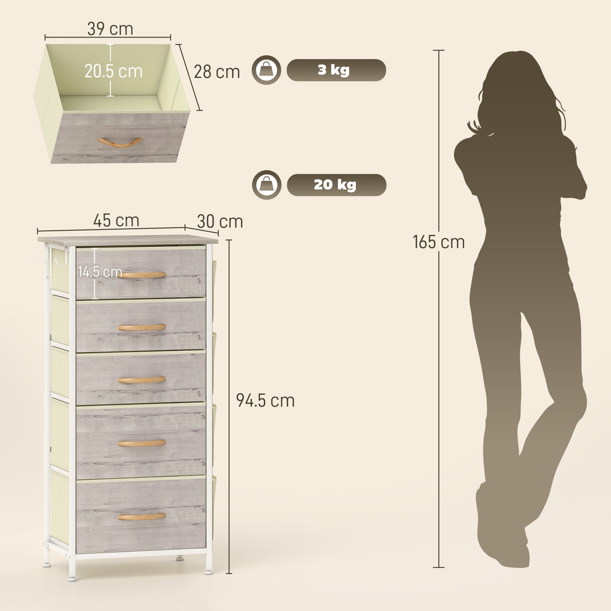 Chest of Five Fabric Drawers - Natural Wood Finish