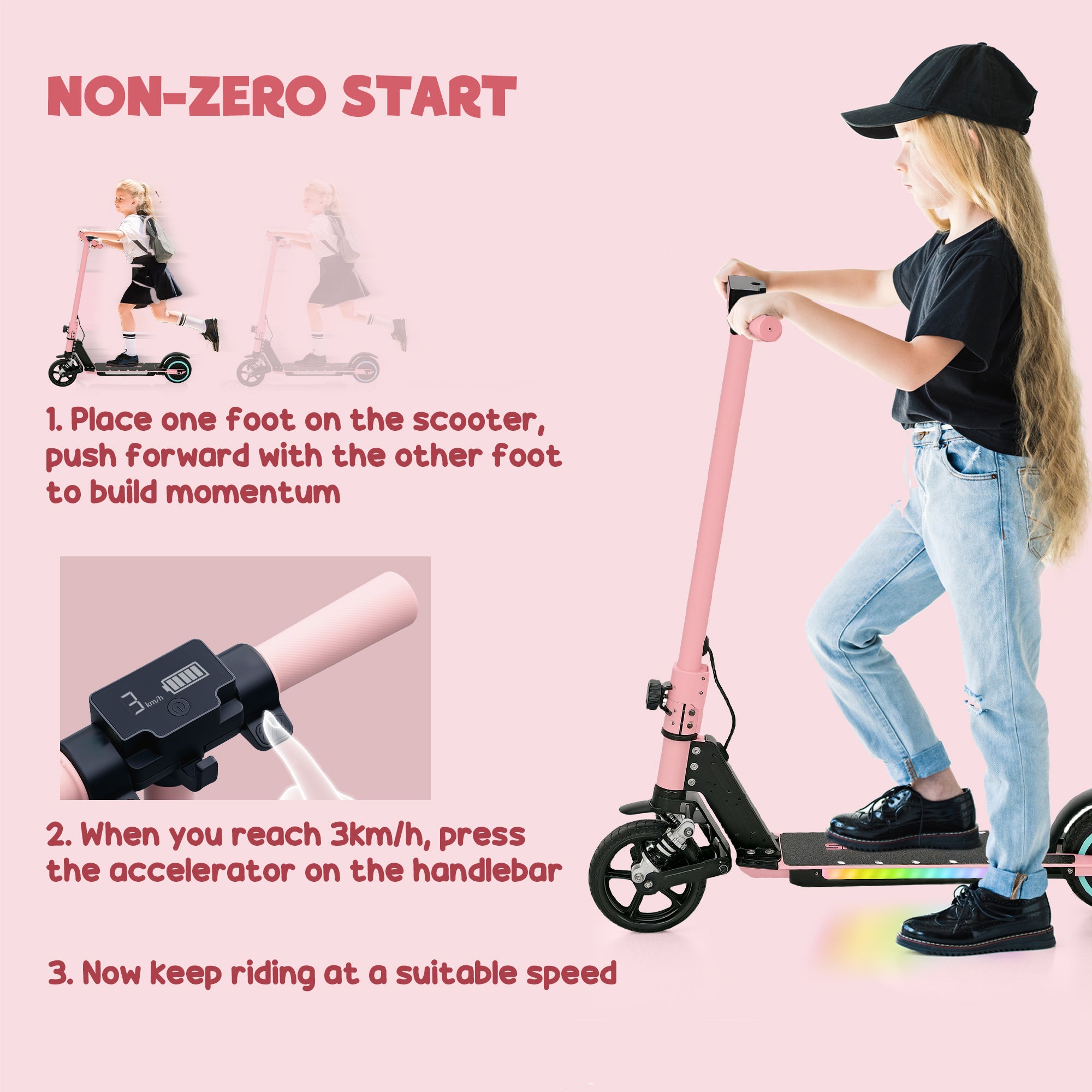 Folding Electric Scooter for Kids 6-14 with Dual Brakes, Suspension, LED Lights & Display, 6.8kg Aluminium, 14 KM/H - Pink