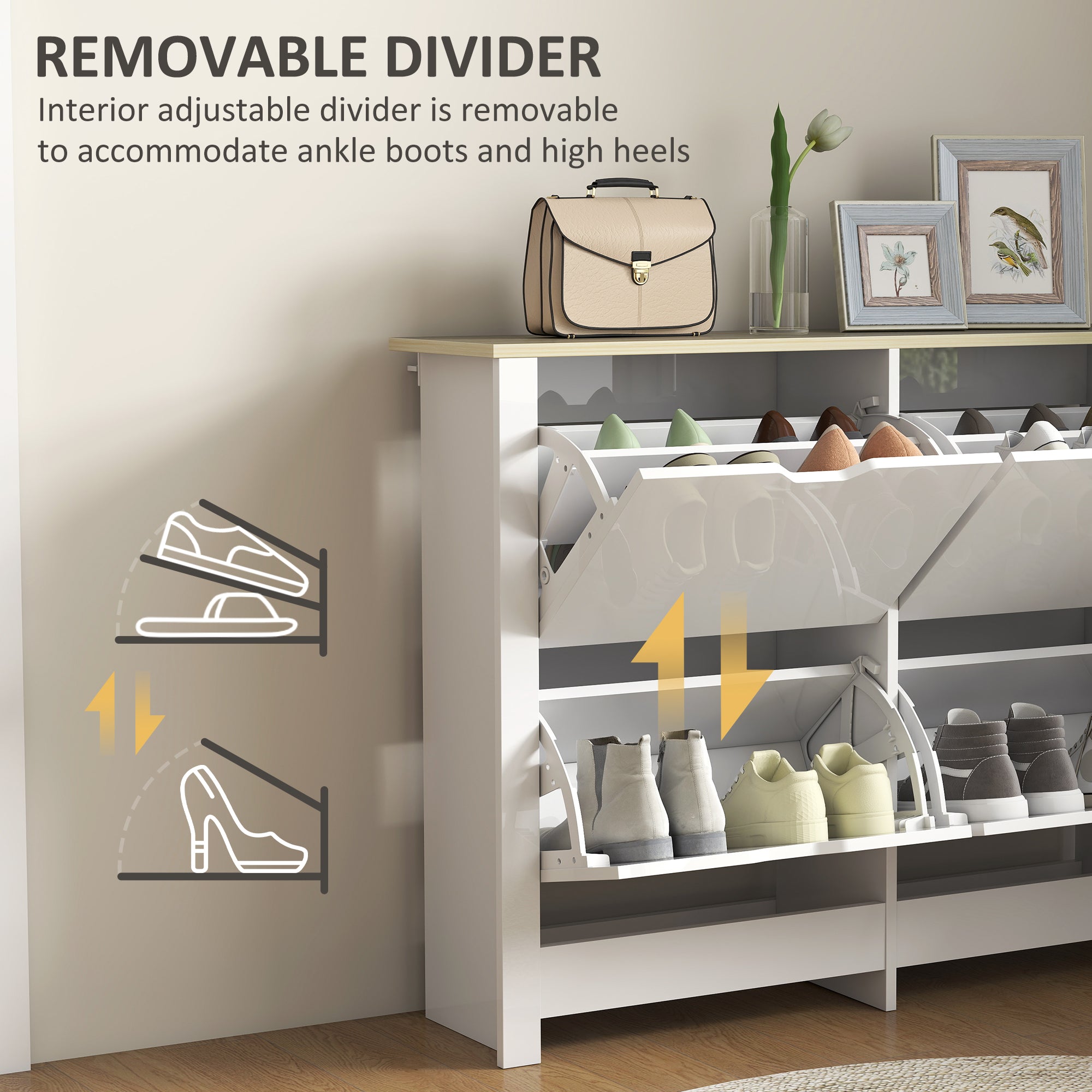 Slim Shoe Cabinet, Narrow Shoe Cupboard with 4 Flip Drawers, Adjustable Shelves for 16 Pairs of Shoes, White