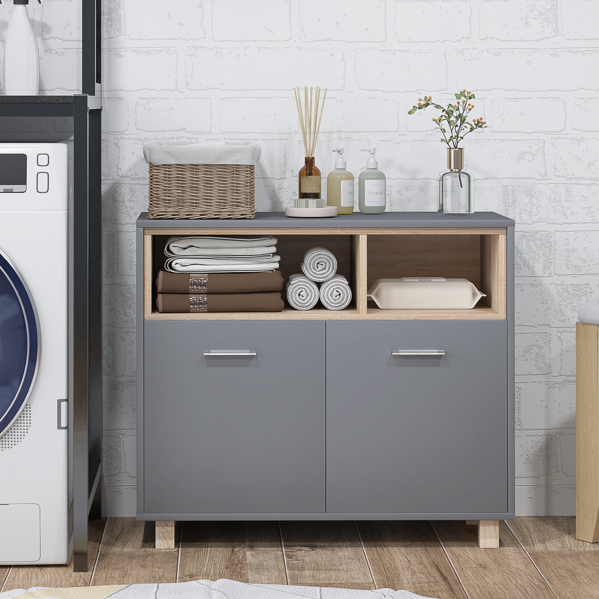 Freestanding Bathroom Cabinet, Bathroom Storage Unit, Bathroom Storage Cabinet with Open Compartments and Double Doors