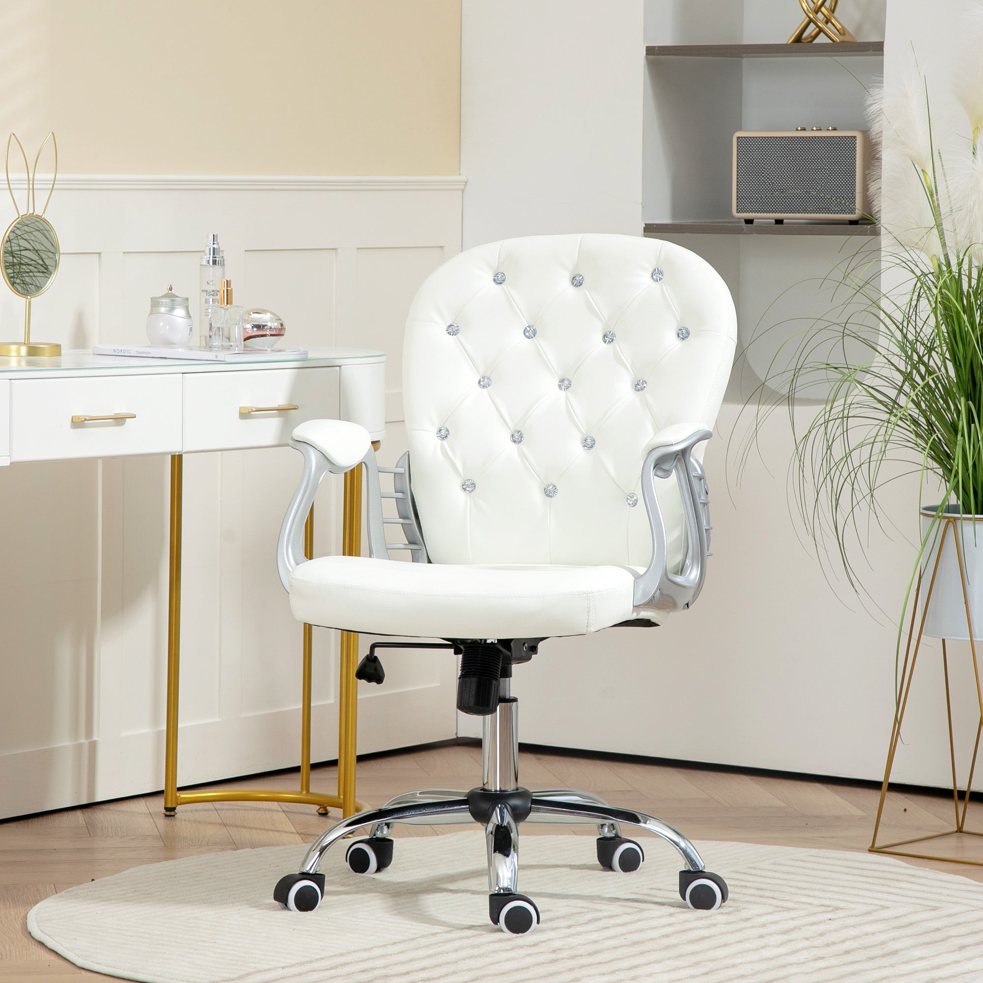 Office Chair Ergonomic 360° Swivel PU Diamante Padded Base 5 Castor Wheels for Home Work White