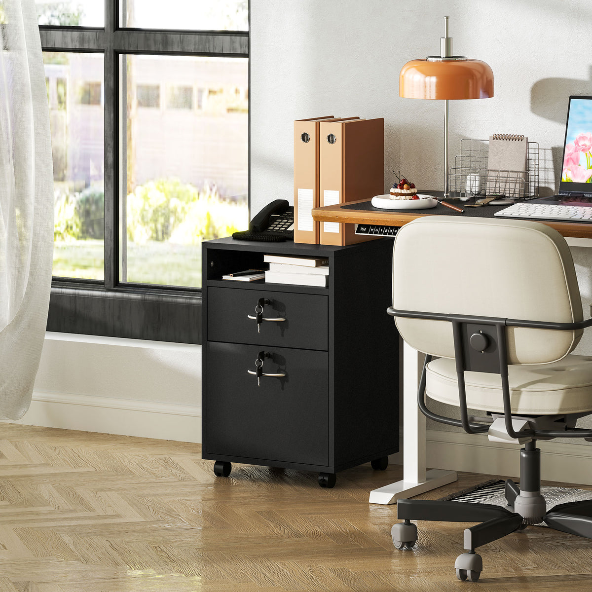 60cm Mobile Filing Cabinet with Drawer, Open Shelf, Locks & Wheels - Black