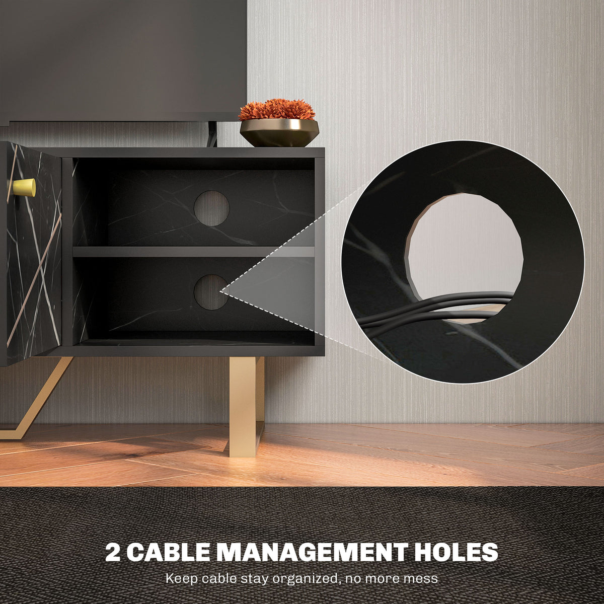TV Stand Cabinet for TVs up to 50 Inches with Storage Shelves and Cupboard - Black Marble Tone