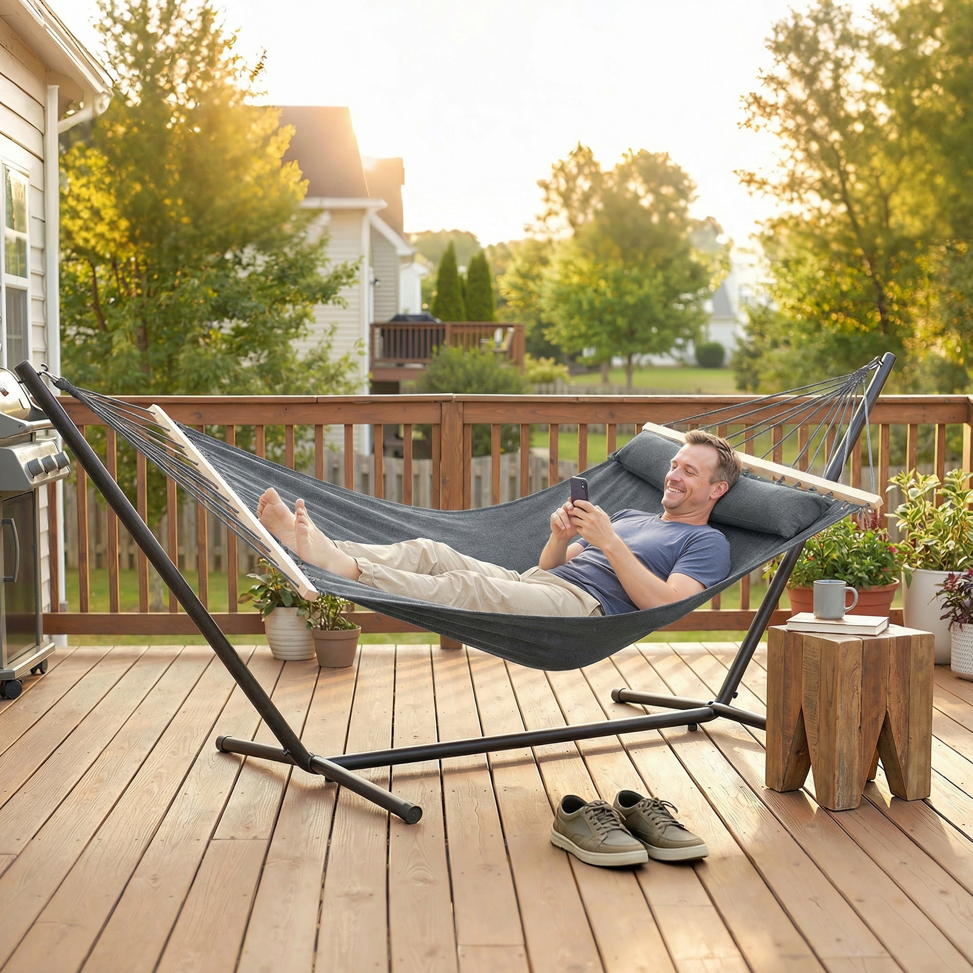 Cotton Hammock, Soft Portable Swing Sleeping w/ Headrest & Side Pocket, Dark Grey